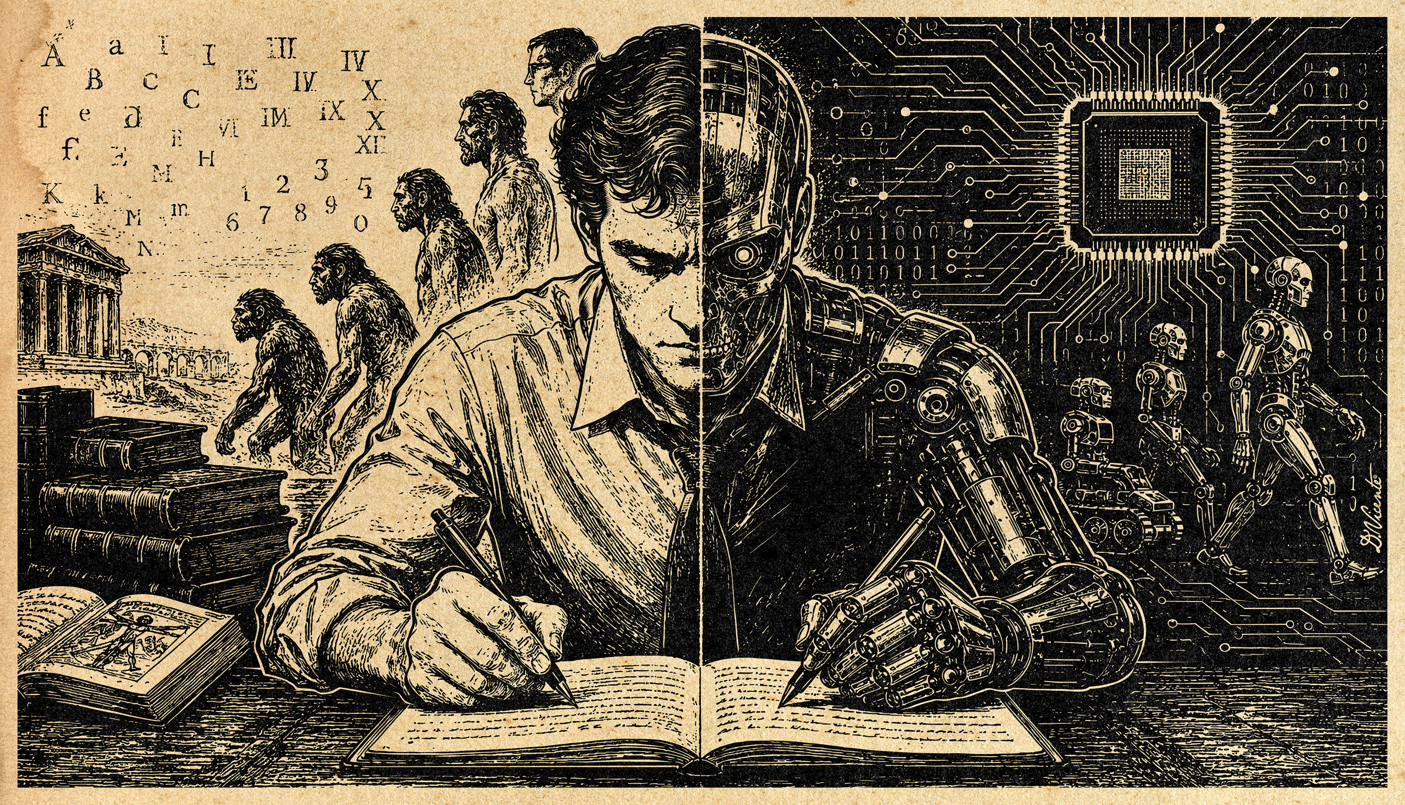 HUMAN CONNECTION IN THE AGE OF AI – Editorial Illustration ai writing artificial intelligence black and white commissioned illustration conceptual illustration digital illustration editorial art editorial illustration engraved illustration engraving style human connection human vs ai illustration ink drawing retro futurism science illustration technical writing technology illustration vintage engraving vintage illustration