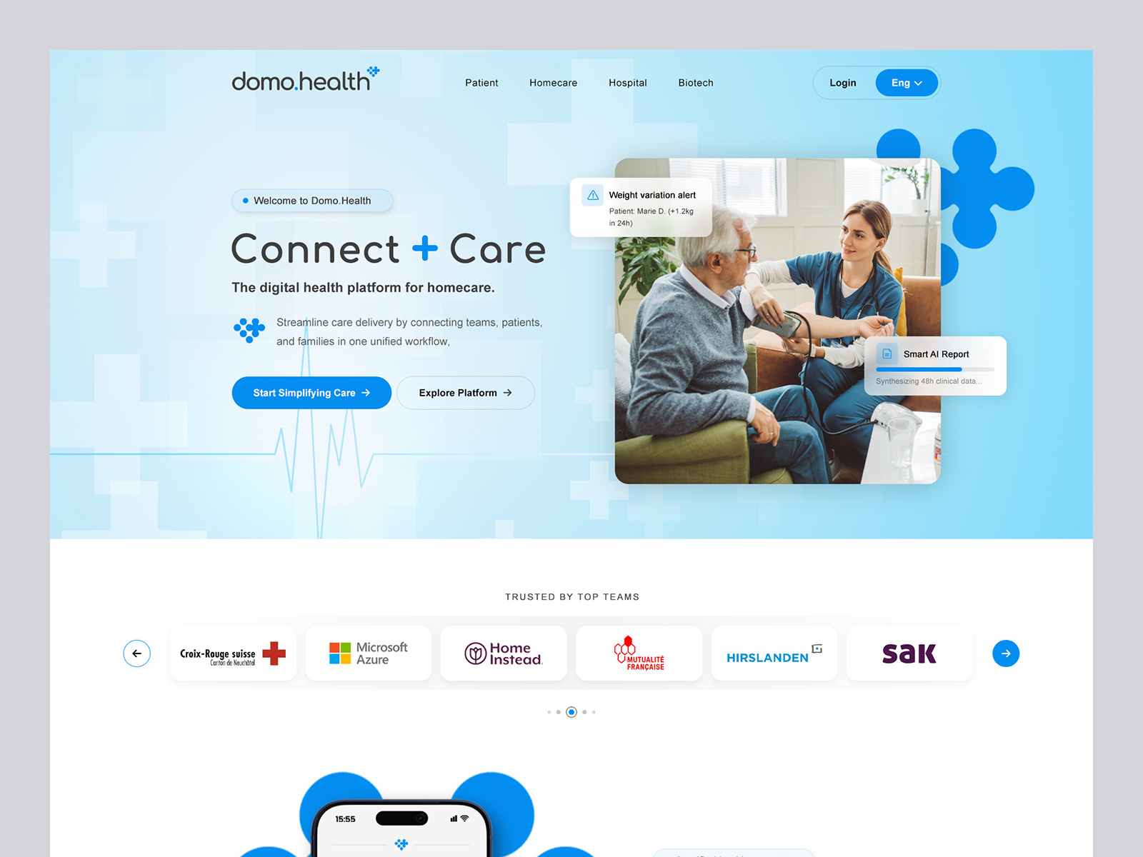 Domo Health - Digital Health & Telehealth Web Design blue ui design care circle ui clean layout desktop ui digital health ui health app ui healthtech website medical web design modern typography product design remote patient monitoring responsive web design saas web design telehealth web design ui design ui ux design ux design visual identity web design inspiration web layout