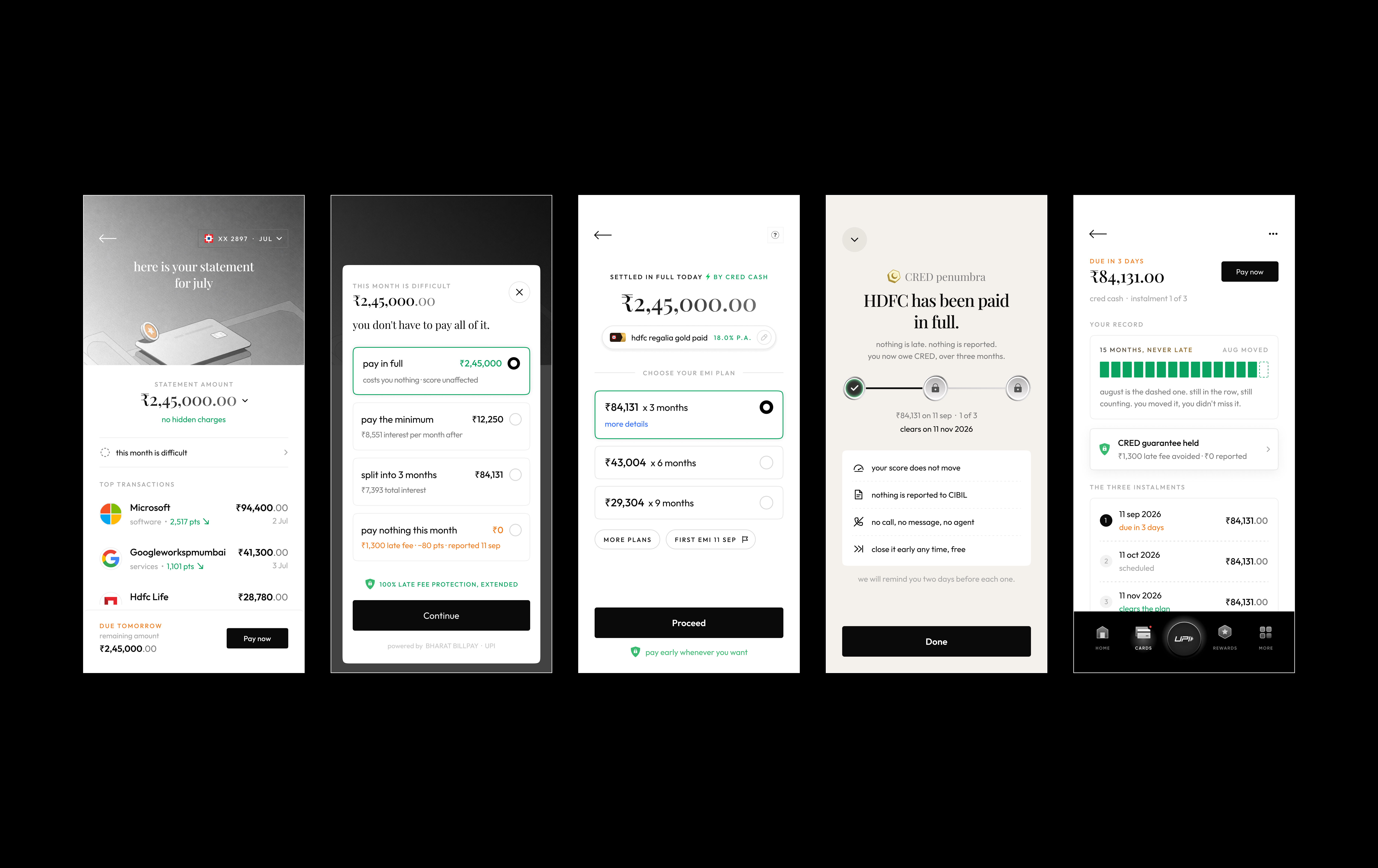Fintech App Design: Credit Card Bill EMI Flow | CRED Concept cred credit card dark theme finance fintech fintech design interface mobile app mobile ui design productdesign visual design