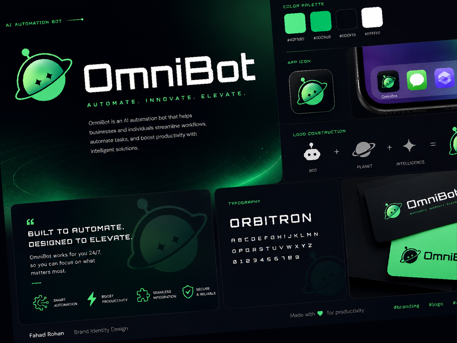 Modern Logo Design ai ai automation brand identity branding chatbot dribbble futuristic graphic design green logo design minimal mockup orbitron presentation saas startup tech ui ux visual identity