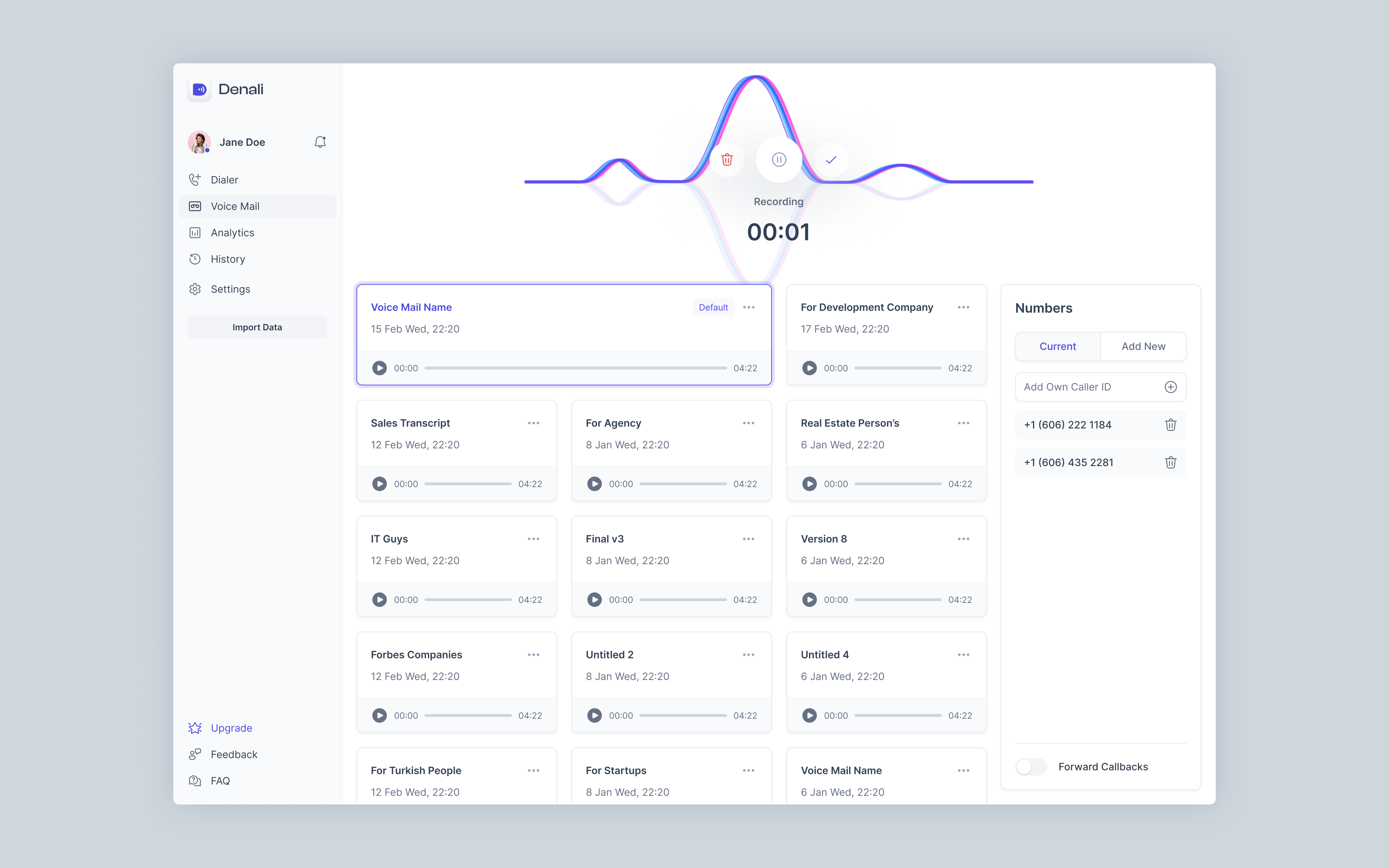 Voice Recording Dashboard [Voice Mail] ai analytics call dashboard design dialer lottie minimal dashboard record saas saas dashboard sound soundwave ux wave voice web design