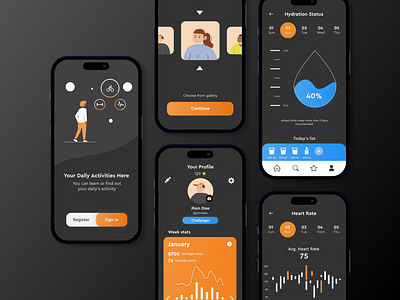 Fitness Tracker - Mobile App app blue dark theme design fitness graph mobile orange statistics stats tracker ui