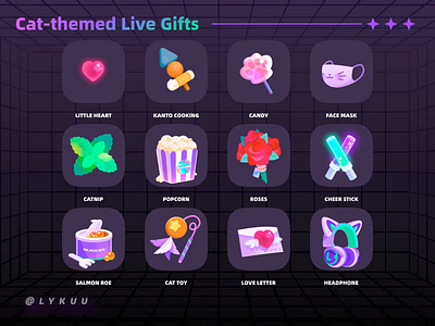 Cat-themed Live Gifts after effects animation app branding candy cat catnip graphic design headphone heart illustration live logo love letter motion graphics musk popcorn purple ui ux