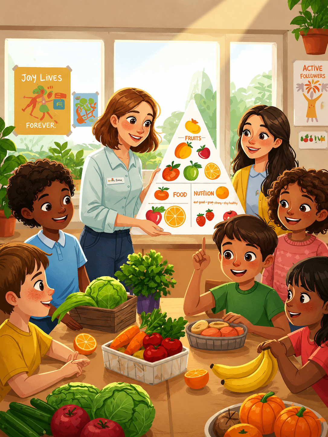 The Healthy Food Adventure! A Classroom Nutrition Lesson artistic process book illustration character design childrens book illustration childrens book illustrator childrens publishing classroom scene colorful art cute characters digital painting educational art healthy eating kidlitart narrative illustration nutrition art playful art portfolio piece storybook art warm lighting whimsical illustration