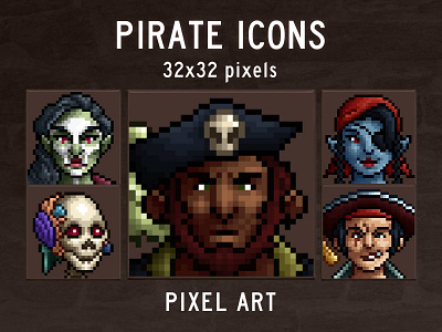 Pirate 32×32 Icons Pixel Art 2d 32x32 art asset assets fantasy game assets gamedev icon icons illustration indie indie game pirate pixel pixelart pixelated portrait rpg set