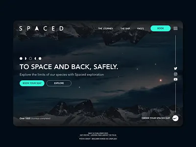 DailyUI - 003 Landing Page v.2 brand brand design branding call to actions challenge dailychallenge dailyui desktop graphic design jrdickie landing page logo portfolio social icons space spaceship travel ui unsplash user interface