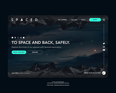 DailyUI - 003 Landing Page v.2 brand brand design branding call to actions challenge dailychallenge dailyui desktop graphic design jrdickie landing page logo portfolio social icons space spaceship travel ui unsplash user interface