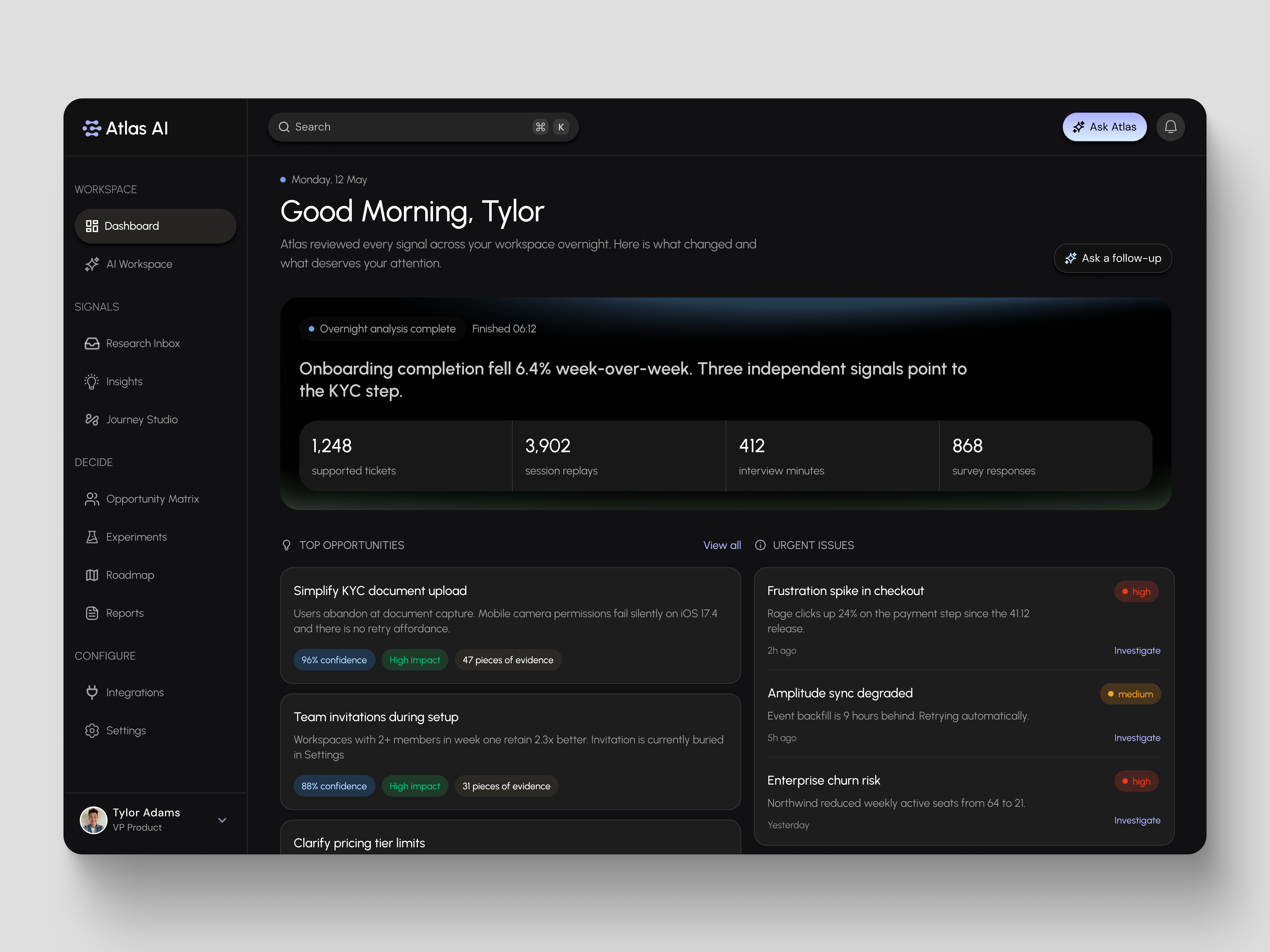 Atlas AI - Your AI Product Intelligence Workspace ai analytics artificial intelligence dark mode dashboard data visualization design system enterprise figma interface design product design product management productivity research saas startup ui ux web app workspace