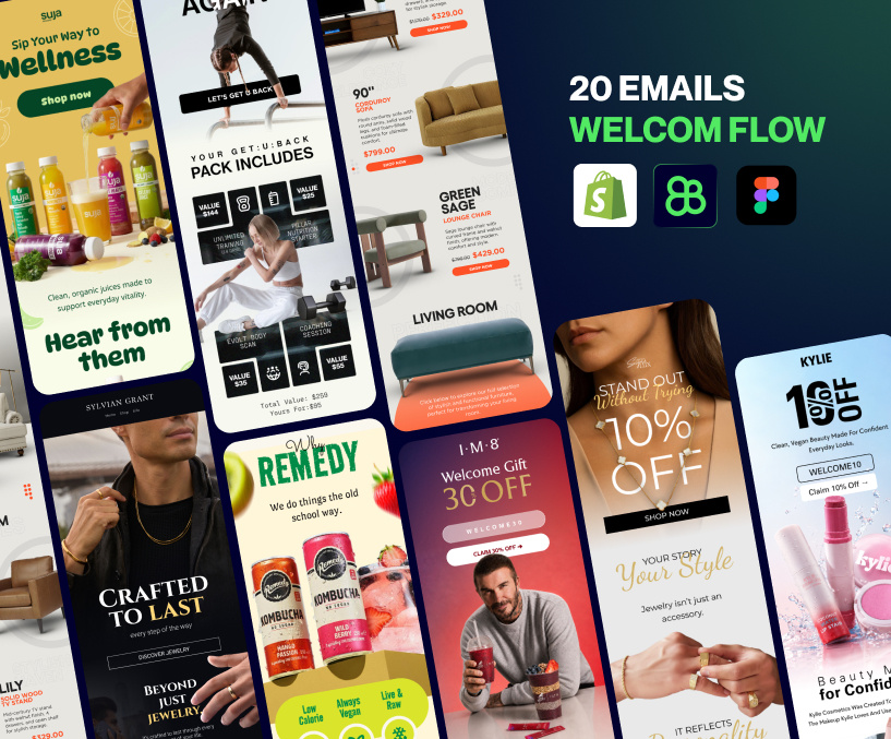 Welcome Email Designs for Ecommerce Brands | klaviyo flows beauty email design beverage drink email design ecommerce email email design email designer email flows fashion email template food email food email design food newsletter design luxury email design mattress newsletter newsletter design shopify skincare email design sleep email design welcome email wellness email design