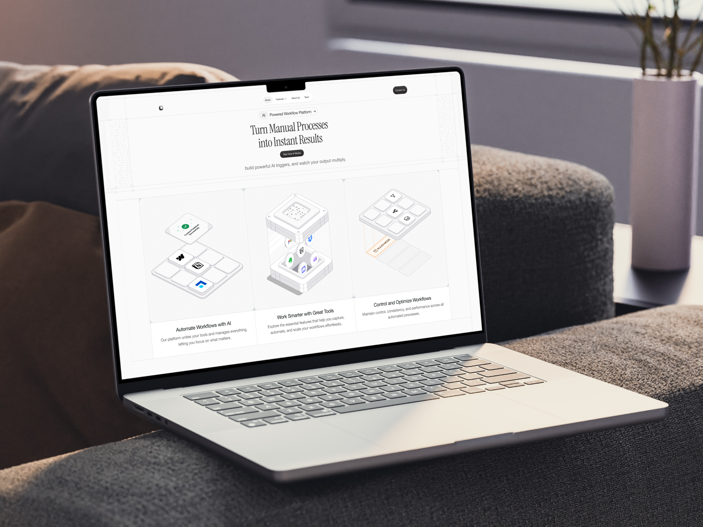 AI-Powered Workflow Platform — 3-Card Isometric Feature Landing ai dribbble figma framer herosection interface isometric landingpage minimal minimalism productivity saas ui uidesign uiux ux uxdesign webdesign workflowautomation