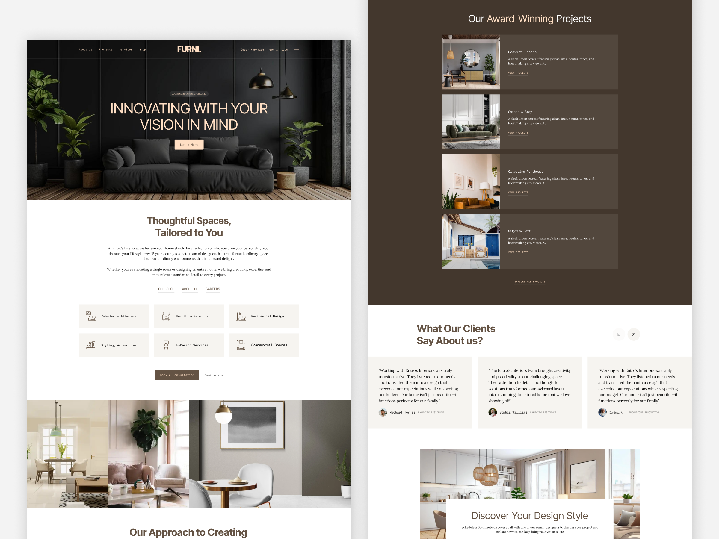 Modern Interior Design Landing Page branding case study design system faq figma illustration interior design landing page modern design prototype services ui uiux user experience user interface website design wireframe