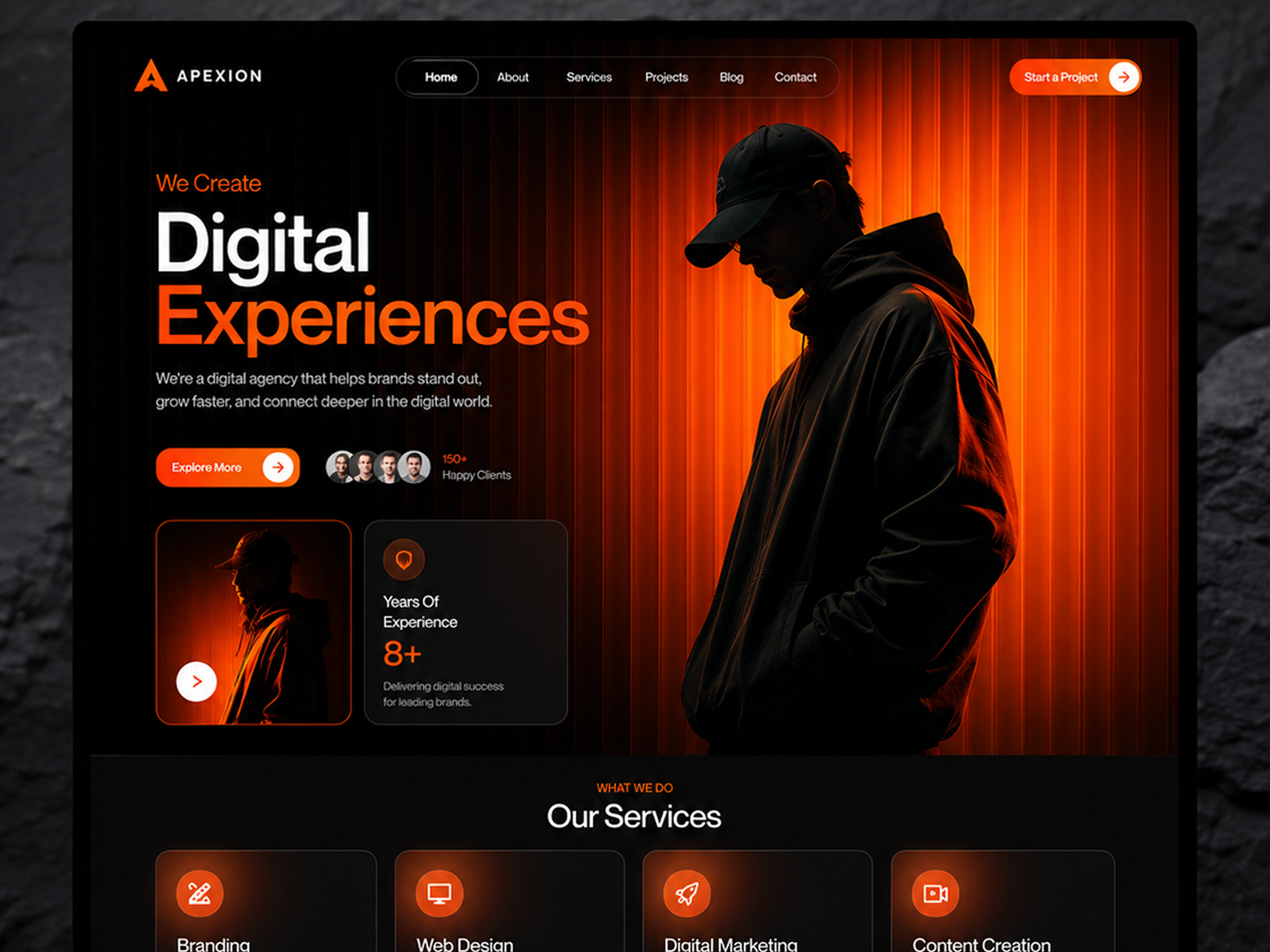 Cinematic Dark Website UI Design bold design branding case study design system digital experience figma landing page product project prototype services uiux wireframe