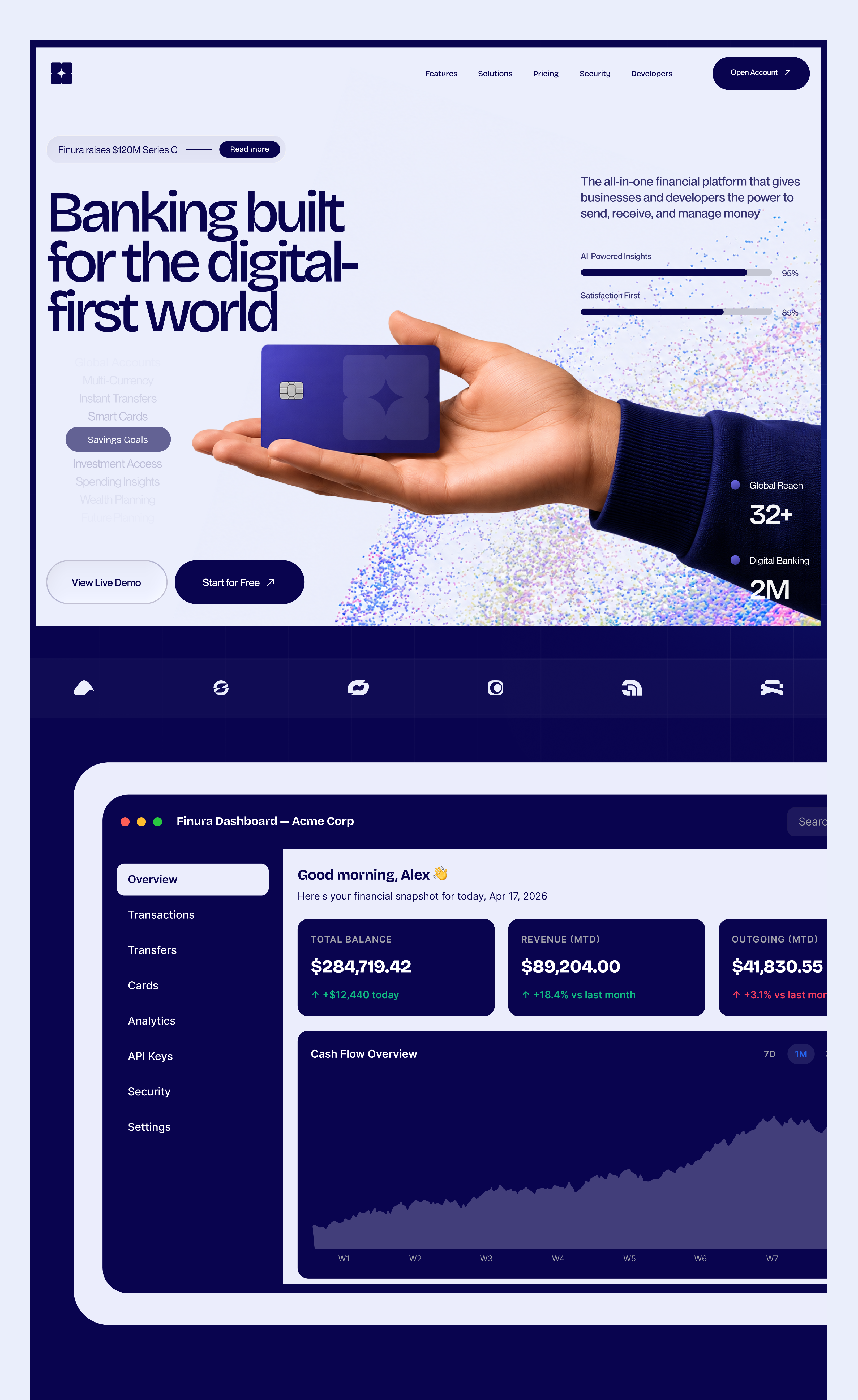 Finura — Modern Digital Banking Landing Page Design 3d animation branding design figma graphic design illustration logo motion graphics ui uiux ux web design