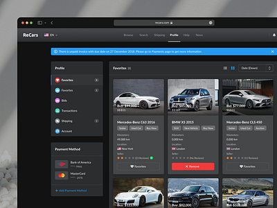 Favorites Cars - Automotive Website automotive black cars dark dark theme dashboard favorites landing ui ux website