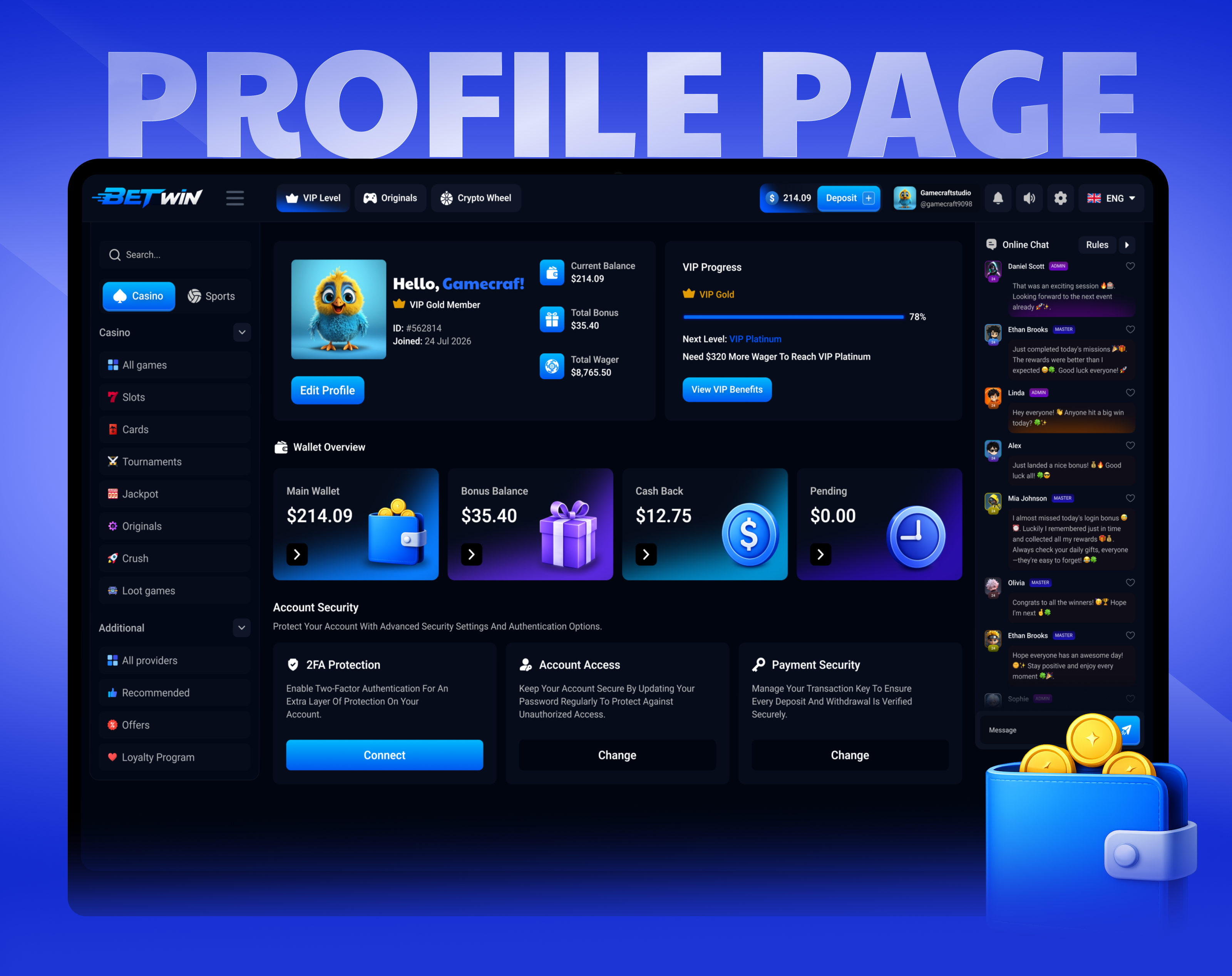 Modern Casino Dashboard – Profile Page betting casino casino interface casino profile page casino template design gambling gambling website igaming illustration live casino modern profile casino online betting online casino profile profile page slot game ui ui ux wallet