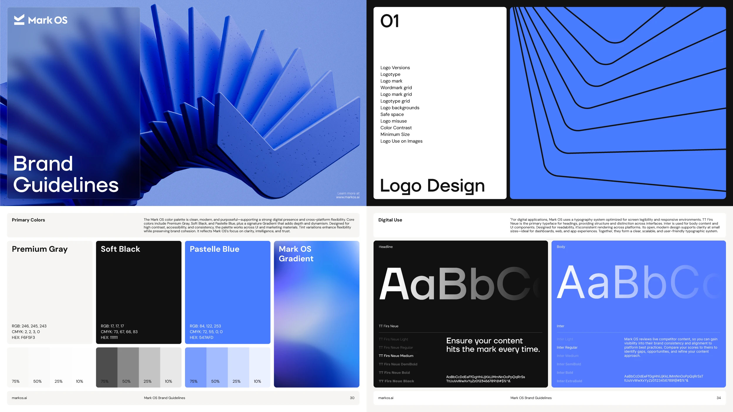 Mark OS brand guidelines pages ai branding ai startup branding b2b branding brand book brand design agency brand guidelines brand identity brand identity agency brand manual brand system branding agency color palette enterprise branding logo design marketing design saas branding style guide tech branding typography visual identity