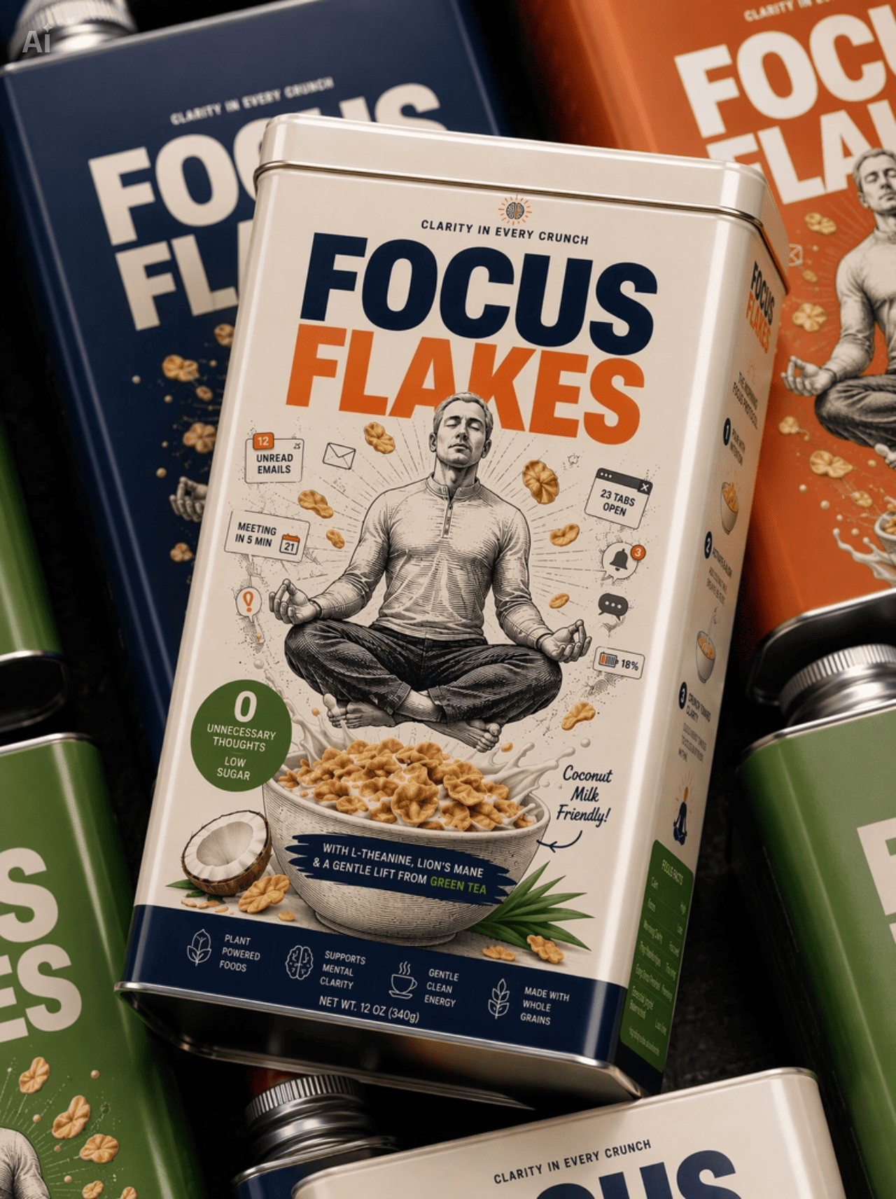 Focus Flakes: Productivity Cereal Brand brand identity breakfast branding capcut design studio cereal branding cereal tin cpg design creative packaging desk breakfast dribbble playoff focus flakes food packaging funny brand concept grocery branding knowledge workers packaging design product concept productivity culture refill packaging retro packaging tin packaging