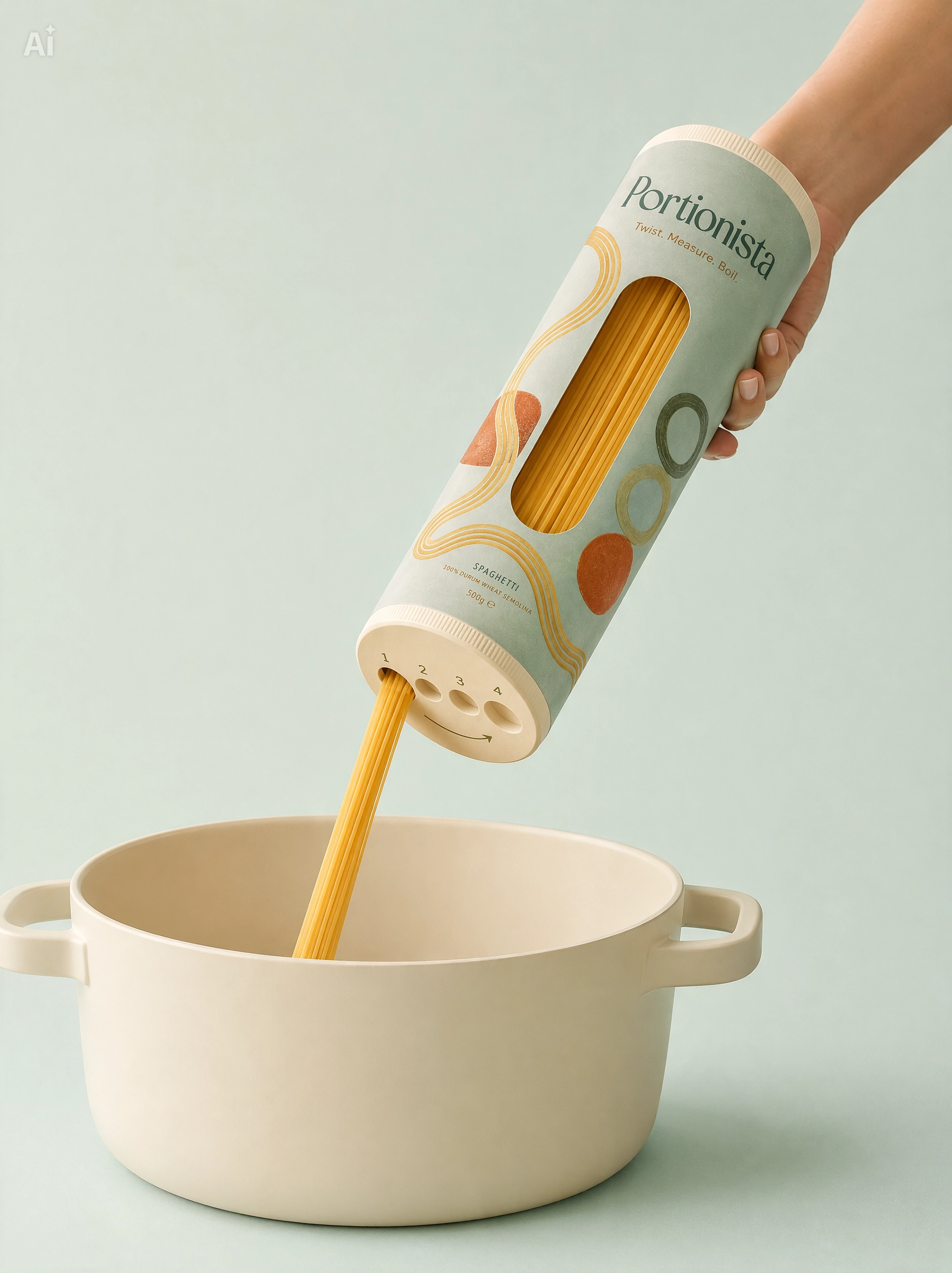 Portionista: Creative Pasta Packaging With Measurer brand identity capcut design studio cpg design dribbble playoff food packaging functional packaging grocery branding italian food branding kitchen product measured portions packaging design pantry product pasta brand pasta packaging playful packaging portion control portionista product design rotating lid spaghetti packaging