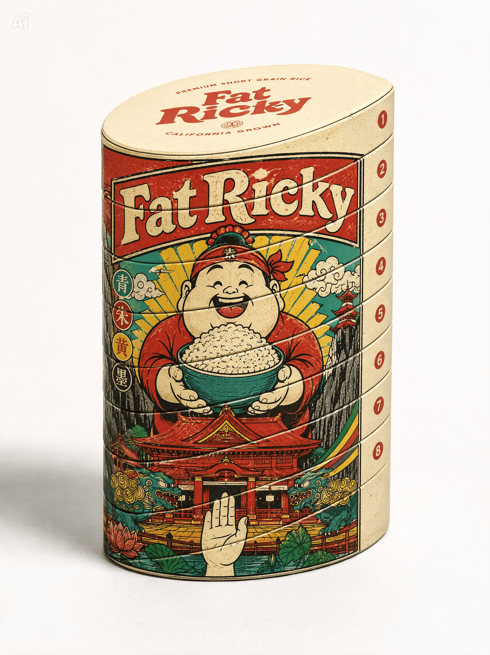 Fat Ricky: Creative Pre-Portioned Rice Packaging brand identity capcut design studio cpg design detachable packaging dribbble playoff fat ricky food packaging functional packaging grocery branding illustrated packaging japanese inspired packaging kitchen product mascot branding packaging concept playful food branding portion control product design rice brand rice packaging serving portions