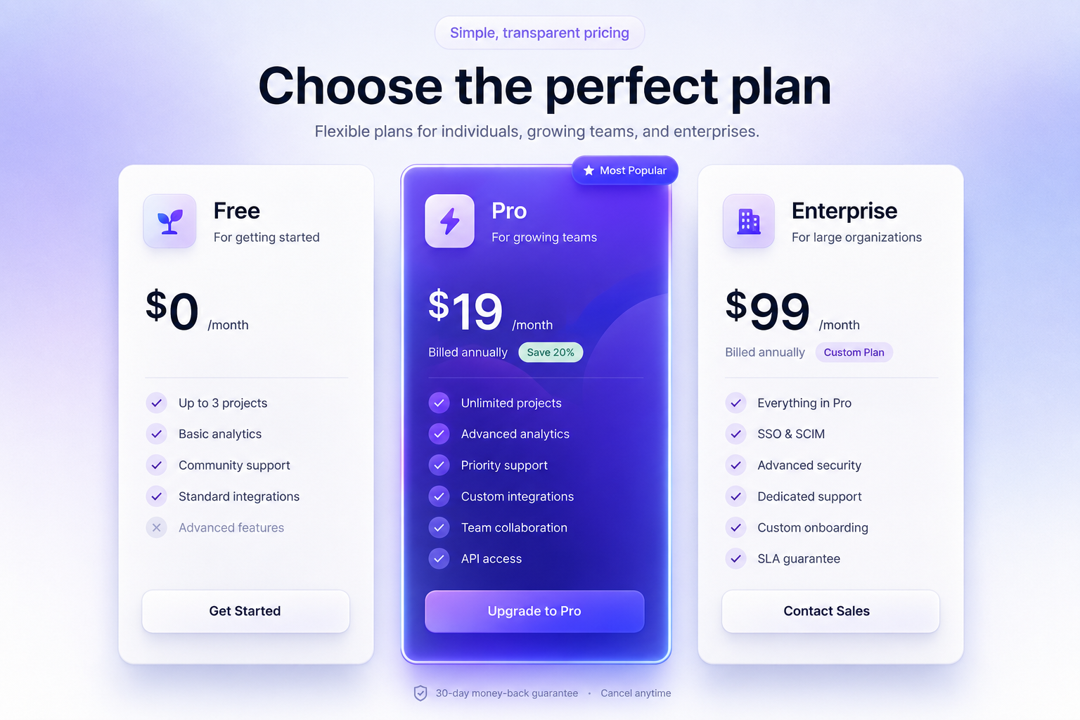 Modern SaaS Pricing Cards — Clean, Elegant & Conversion-Focused conversion design dashboard ui design system dribbble figma landing page minimal ui modern ui premium ui pricing cards pricing page pricing table product design professional design saas design subscription plans ui design upgrade plan ux design web design