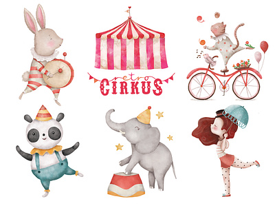Brand image for Retro Cirkus bicycle cartoonish cat character circus elephant girl illustration logo rabbit retro