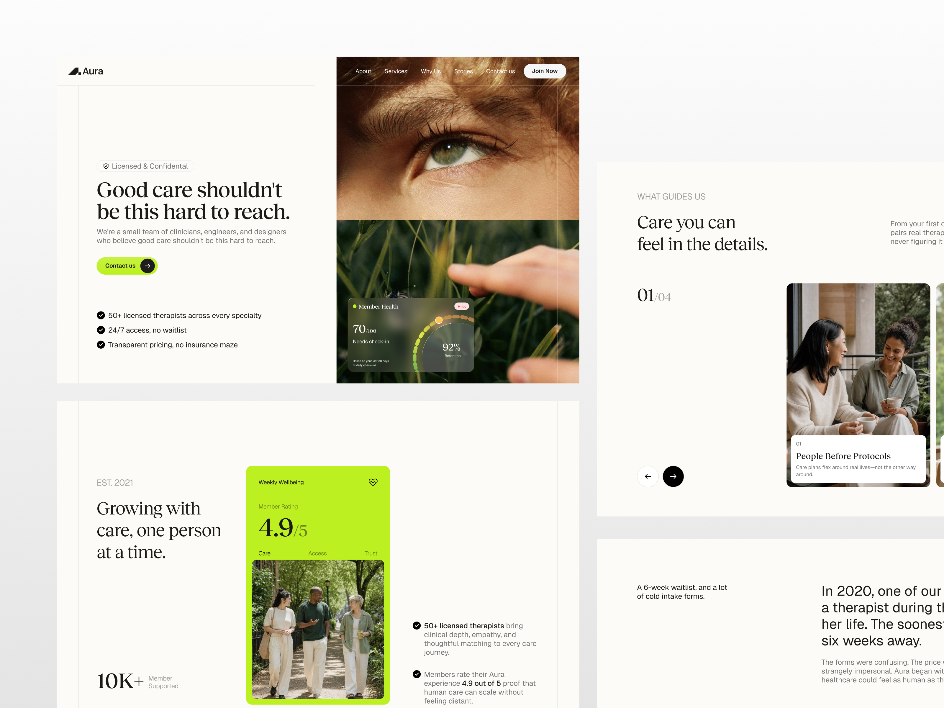 Aura - Health & Wellness Landing Page - About us about us page editorial design health wellness healthcare healthtech hero section interface landing page mental health minimal saas typography ui design ux design web web design web ui webflow website wellness app