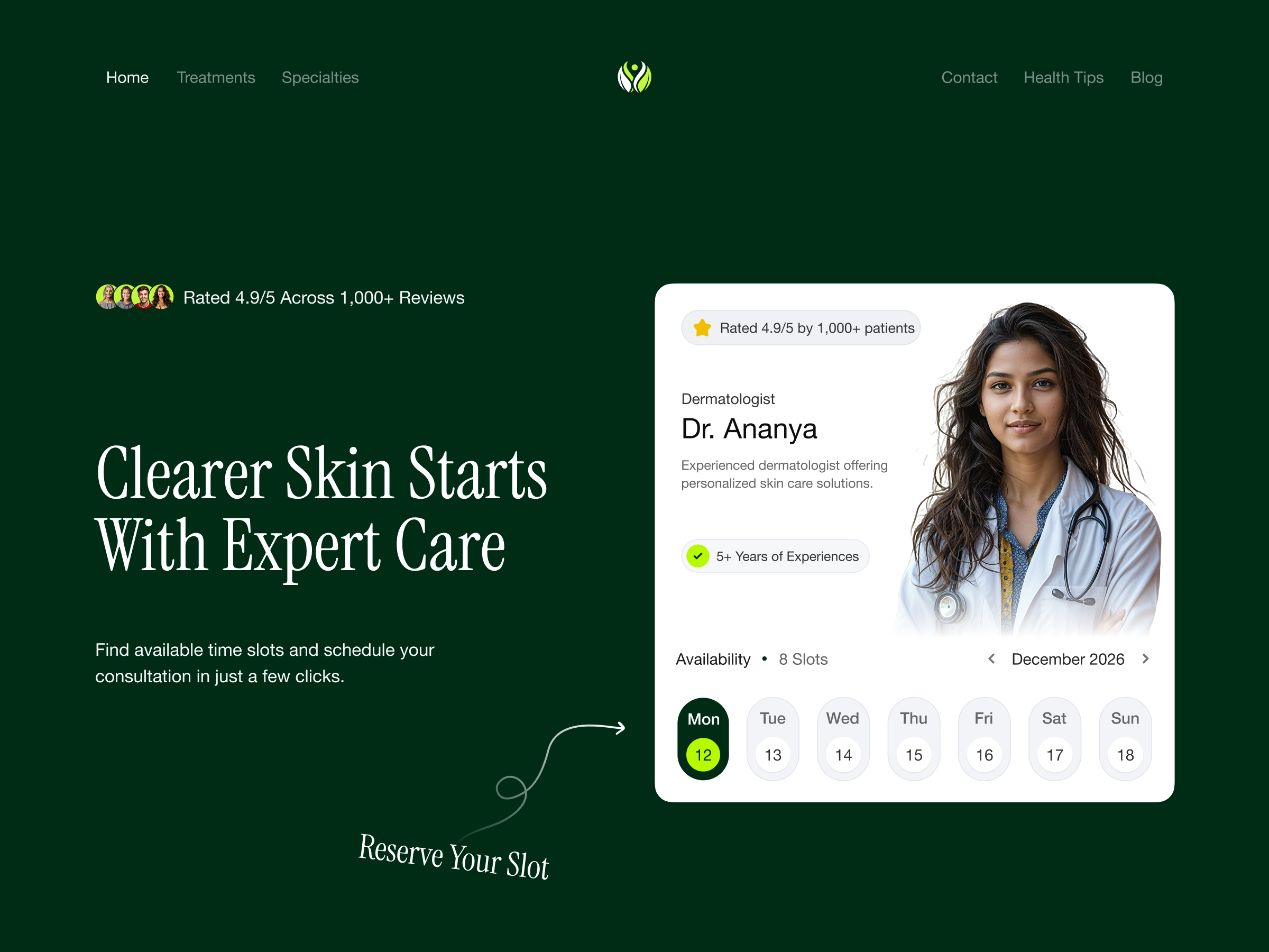 Expert Healthcare & Consultation | Medical Landing Page 🩺 dermatology design doctorbooking figma forestgreen framer healthcare herosection interface landingpage medical minimal minimalism ui uidesign uiux ux uxdesign webdesign