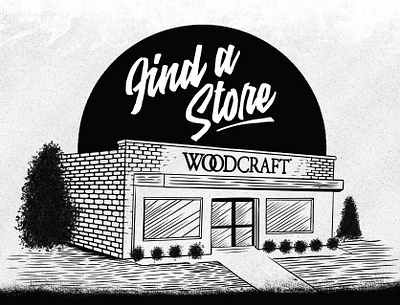 Find You Local Woodcraft, 2023 brick building carptenter diner illustration lettering linocut lumberjack retail retro rustic store storefront tools vintage wood woodcraft woodworking