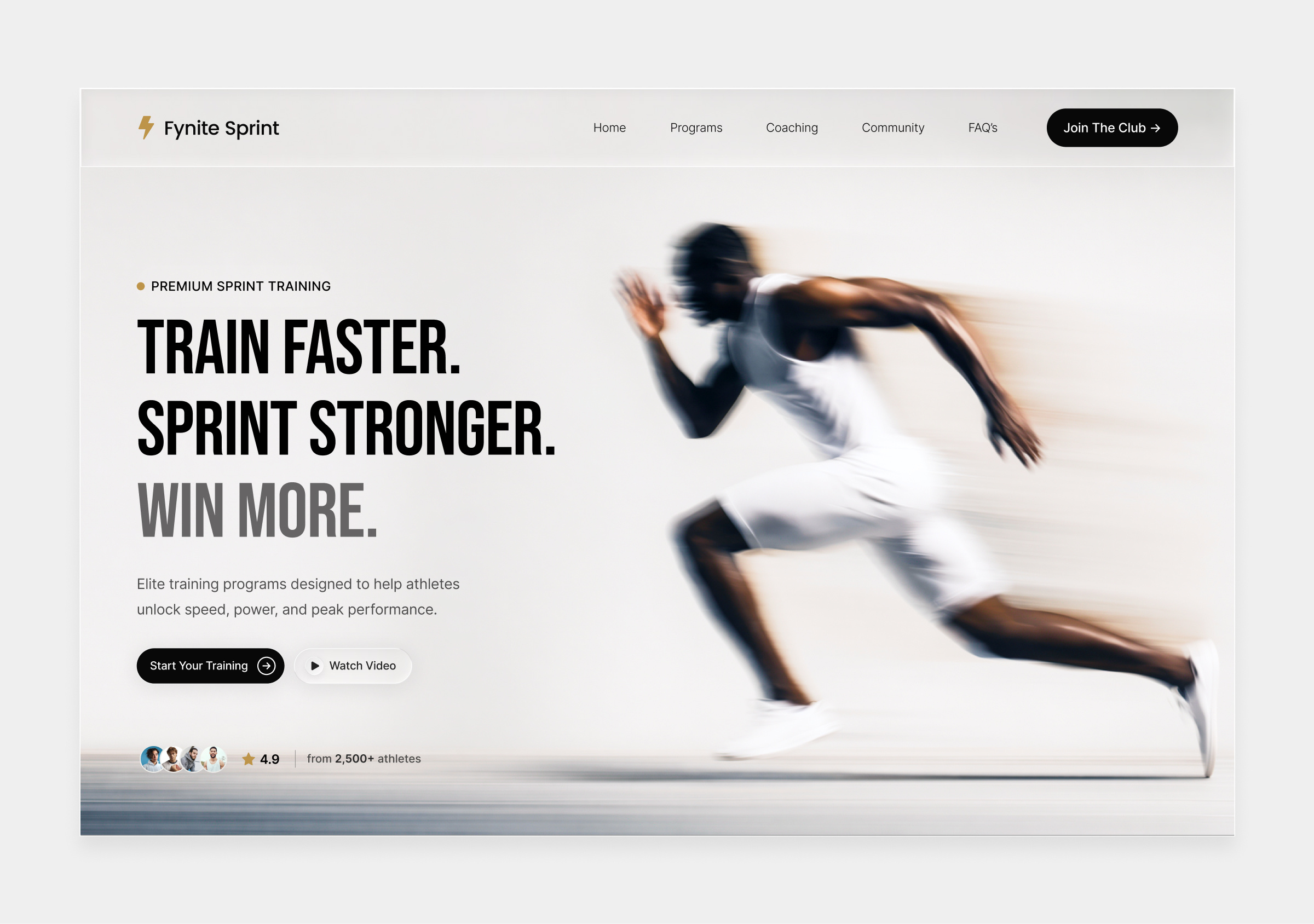 Fynite Sprint — Premium Sprint Training Landing Page athlete branding clean coach design figma fitness hero interaction landingpage minimal premium sport sprint training typography ui uiux webdesign website
