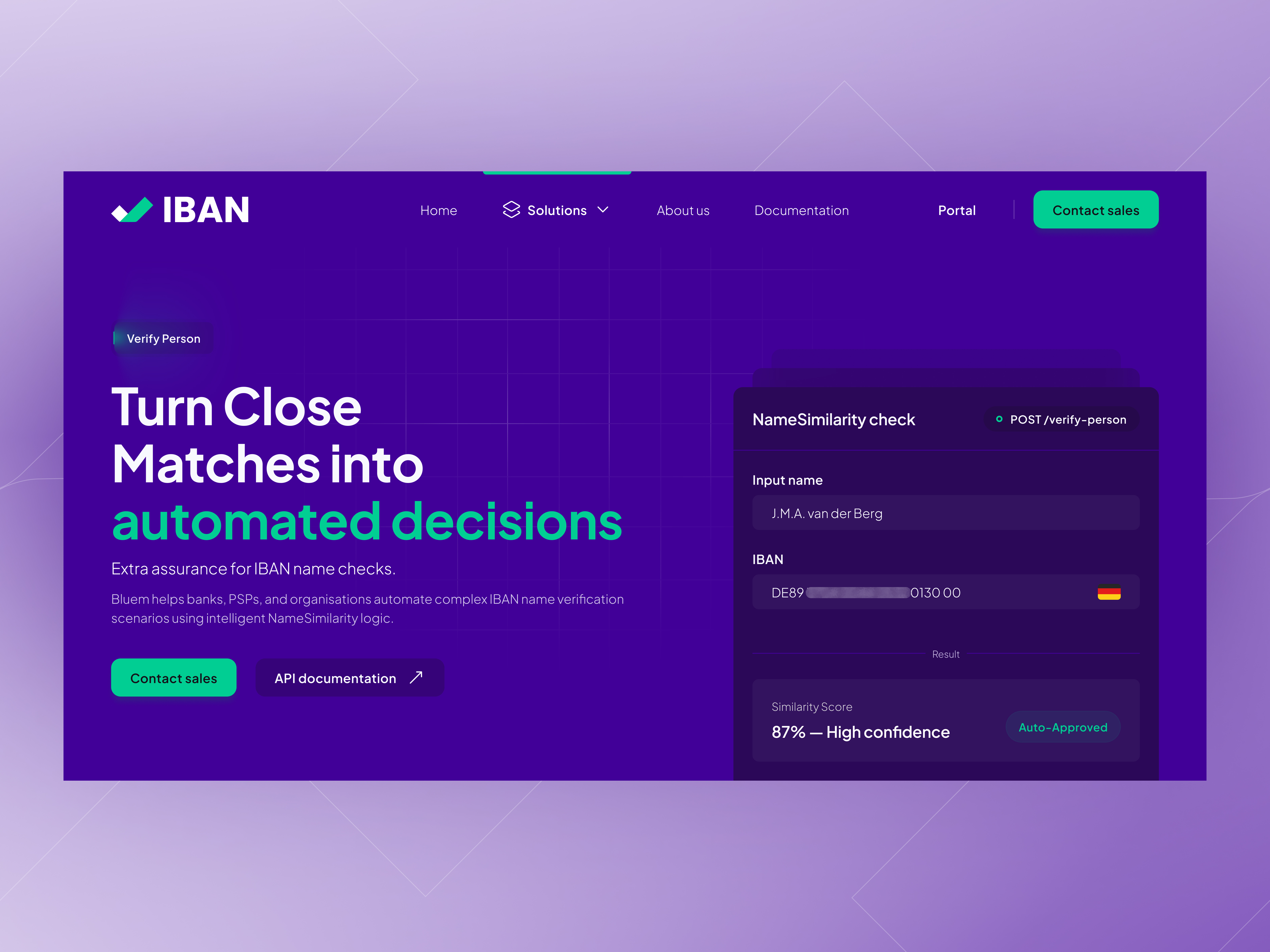 IBAN Name Verification Website UI api automation b2b saas banking compliance dashboard ui financial technology fintech iban verification identity verification landing page name verification payment technology purple website risk management saas ui design ux design web design website design