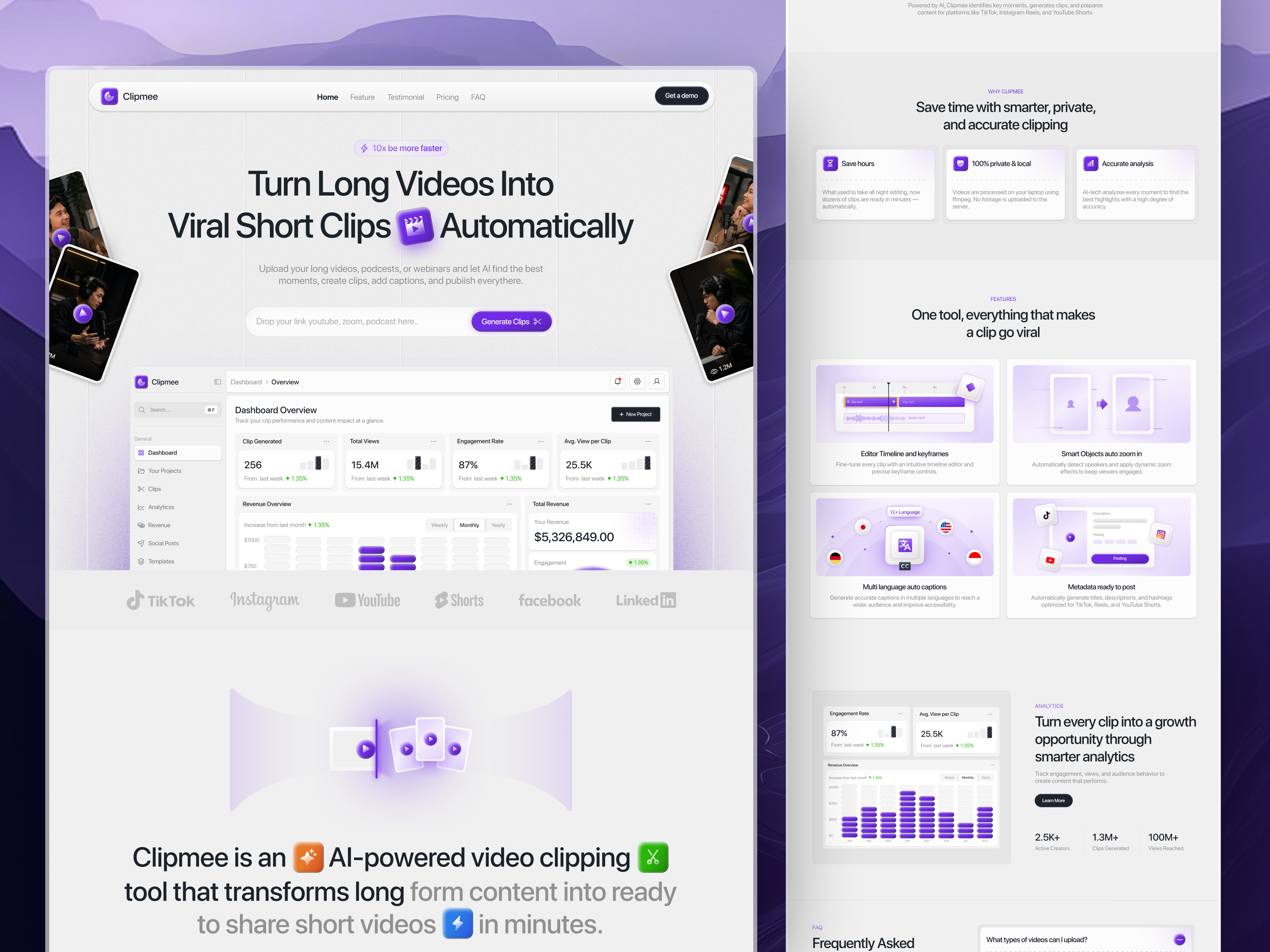 Clipmee - Landing Page Clipper Tools analytics bento clean editor landing page modern purple saas snippet statistics tools ui video web app website
