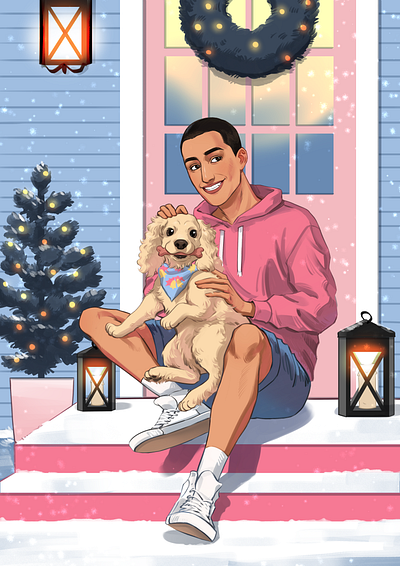 Portrait of Man with Cute Puppy art christmas digital art hand drawn illustration portrait procreate