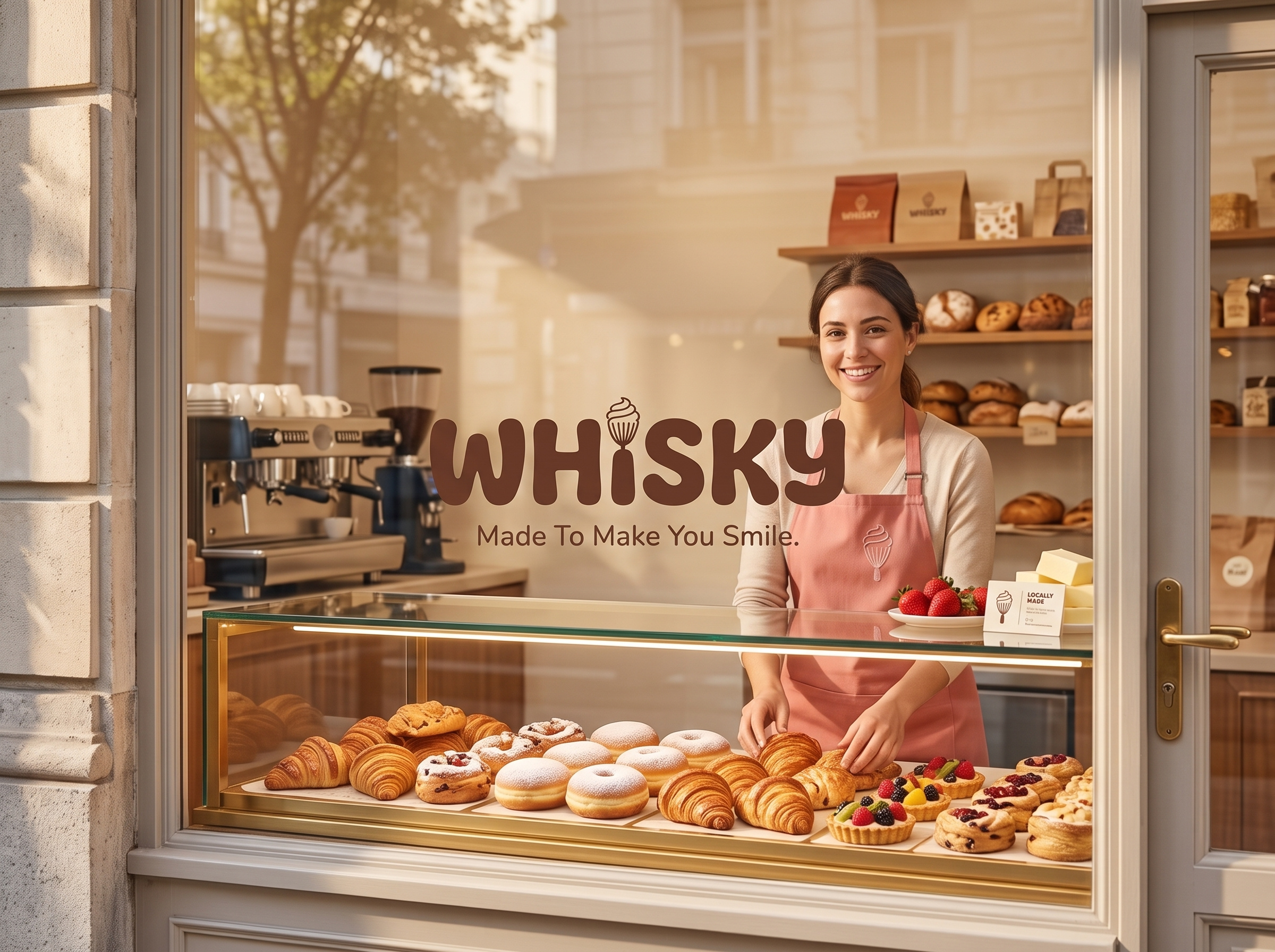 WHISKY – Warm Bakery & Artisanal Pastry Brand Identity apron embroidery artisan bakery bakery branding bakery slogan bakery window mockup cafe branding mockup cafe identity coffee mug branding designer for hire freelance brand designer logo design open for work packaging mockup pastry shop logo sweet treats visual identity warm logo design whisk logo icon whisky bakery