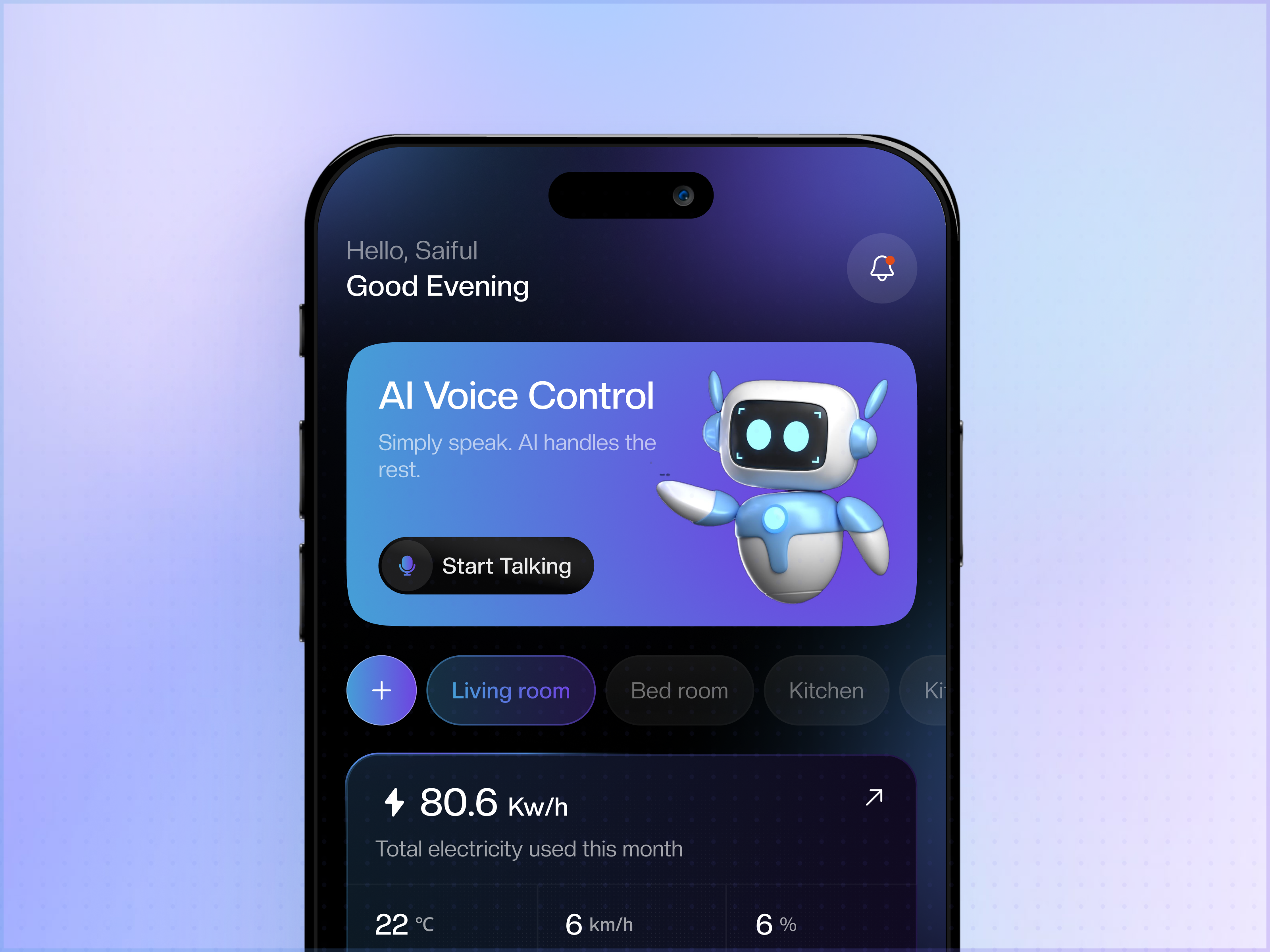 Smart Home Dashboard UI | AI Voice Control Mobile App ai assistant ai ui app design dark ui dashboard design dashboard ui figma glassmorphism interaction design iot dashboard mobile app mobile ui product design smart home smart home ui ui ui design user interface ux ux design