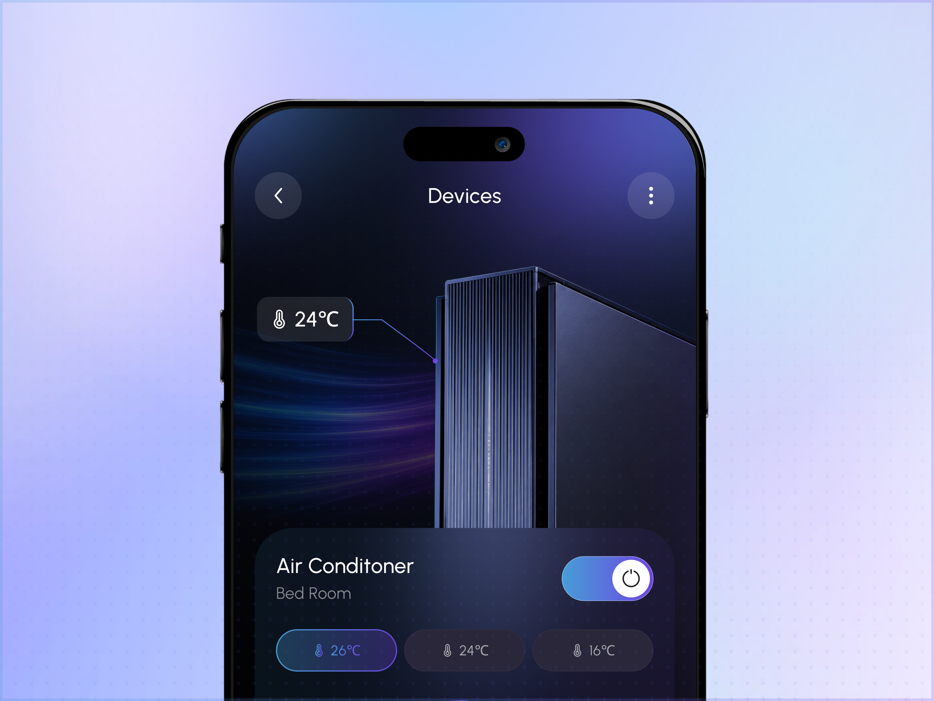 Smart Device Control UI | Air Conditioner Mobile Interface app design concept design dark ui device control figma glassmorphism interaction design iot iot dashboard mobile app mobile design mobile ui product design smart device smart home ui ui ui design user interface ux ux design