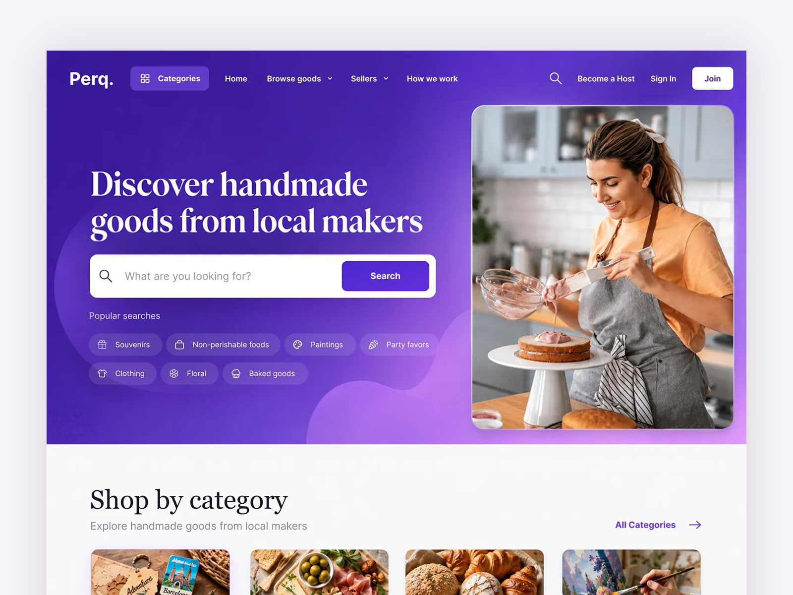 Perq — A Curated Marketplace for Handmade Goods agemandi artisan products creative agency design system ecommerce design ecommerce ui editorial design handmade marketplace landing page marketplace design online marketplace product cards purple website responsive design shopping website ui design ux design web design website design