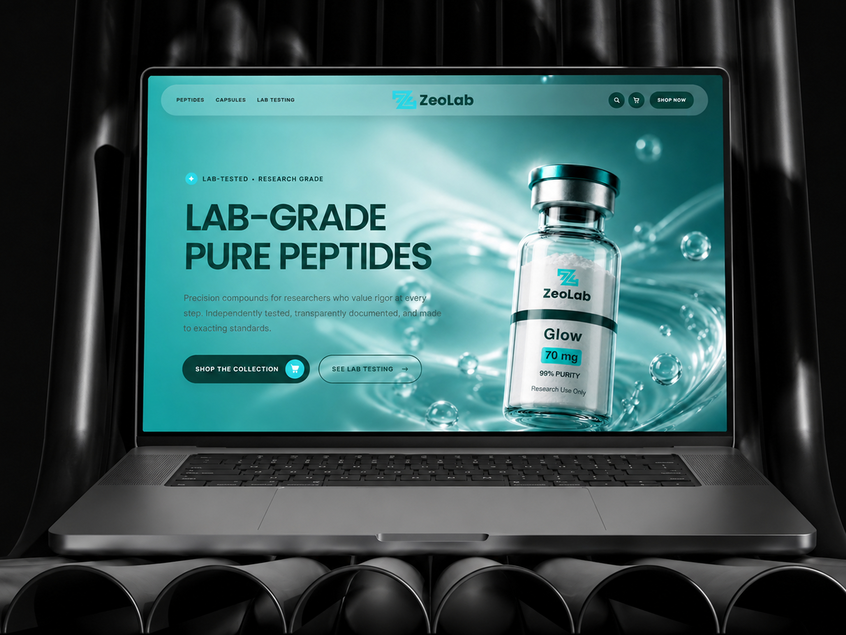 Zeo Lab — Premium Peptide website design biotech website browser mockup clinical website device mockup ecommerce website hero section design landing page design laptop mockup peptide peptide website peptides pharma website responsive design ui design ux design web design website branding website design website hero design website mockup