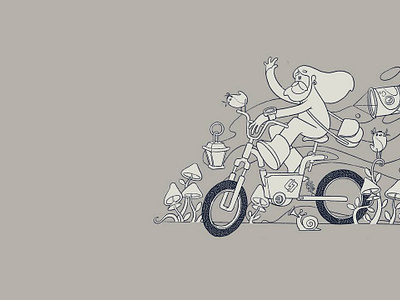 Moony Shroomy Ride bike birds cartoon character design denyloba funny illustration mascot mushroom procreate stickers vector