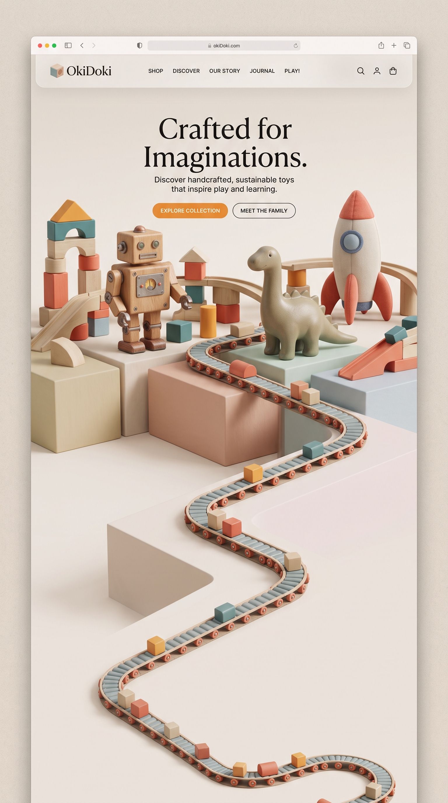 OkiDoki – Sustainable Toy Brand UI/UX Web Design 3d render web design digital design e commerce web design freelance web designer interactive web design landing page design okidoki open for work responsive design scandinavian design sustainable toys ui designer ui ux design ux ui designer for hire visual layout warm pastel color palette web interface design website mockup wooden toy brand
