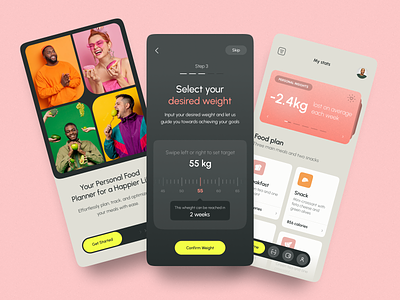 Health & Food Tracking Mobile App clean dark green food green health homepage interactive layout mobile mobile app mobile ui modern onboarding pink product design scale ui ux
