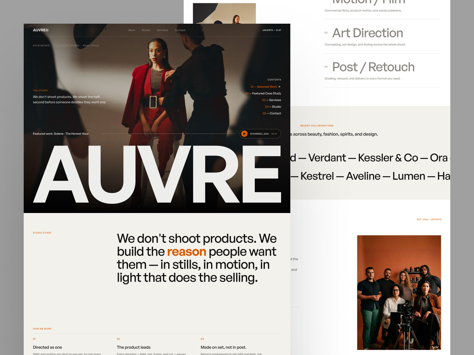 Auvre — Commercial Photo & Videography Studio - Landing Page art direction branding cinematic dark mode editorial figma framer grid landing page minimal mobile photography portfolio responsive studio typography ui ux web design website