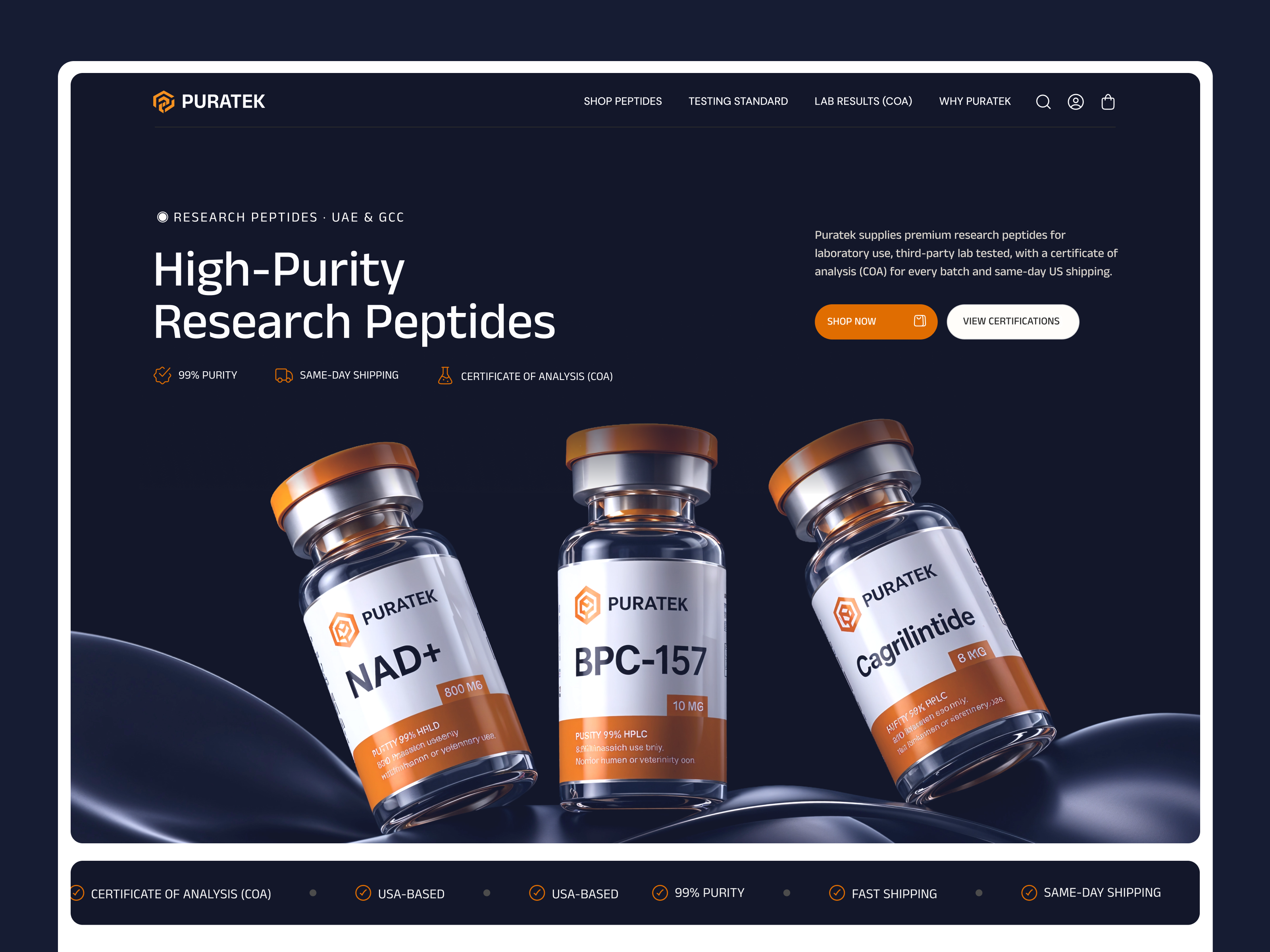 Puratek — Research Peptide Ecommerce Website Redesign biotechwebsite brandtrust coaverified conversiondesign ecommercedesign figmadesign hplctested labtested peptide peptideecommerce peptides peptidewebsite premiumwebsite productdesign puratek researchpeptide researchpeptides uiuxdesign webdesign websiteredesign