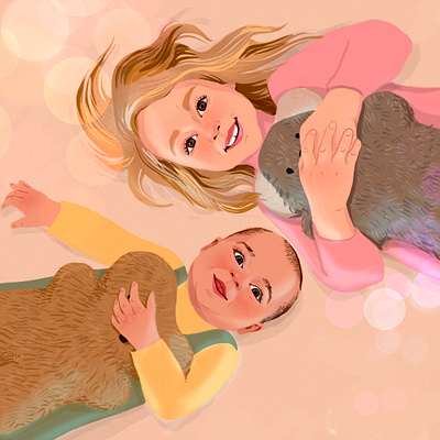 Two Children with Toys Digital Art art digital art hand drawn illustration kids portrait portrait procreate