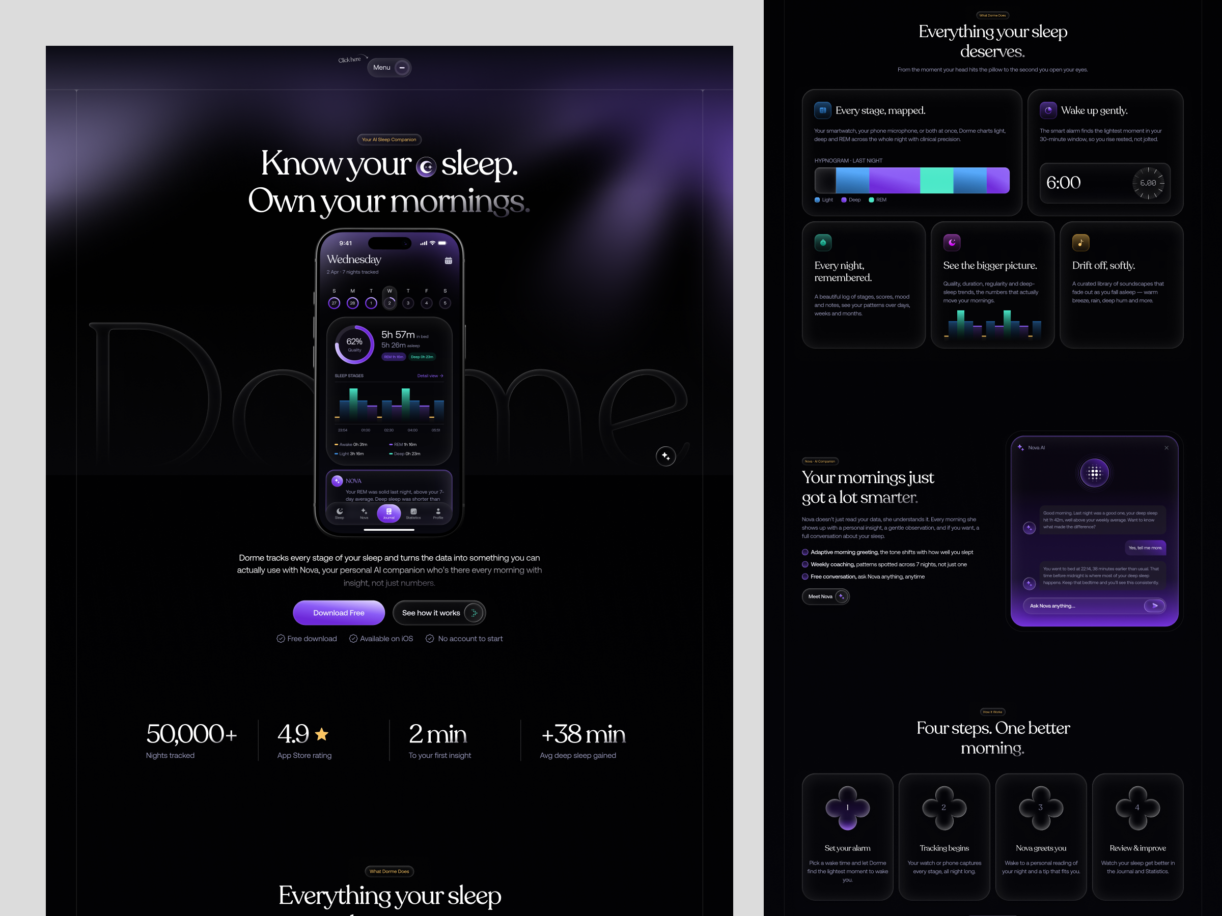 Dorme - AI Sleep Tracker Website aiapp app branding darkweb design figma landing page logo marketingsite mobileapp portfolio productdesign sleeptracker typography ui uiux ux webdesign website