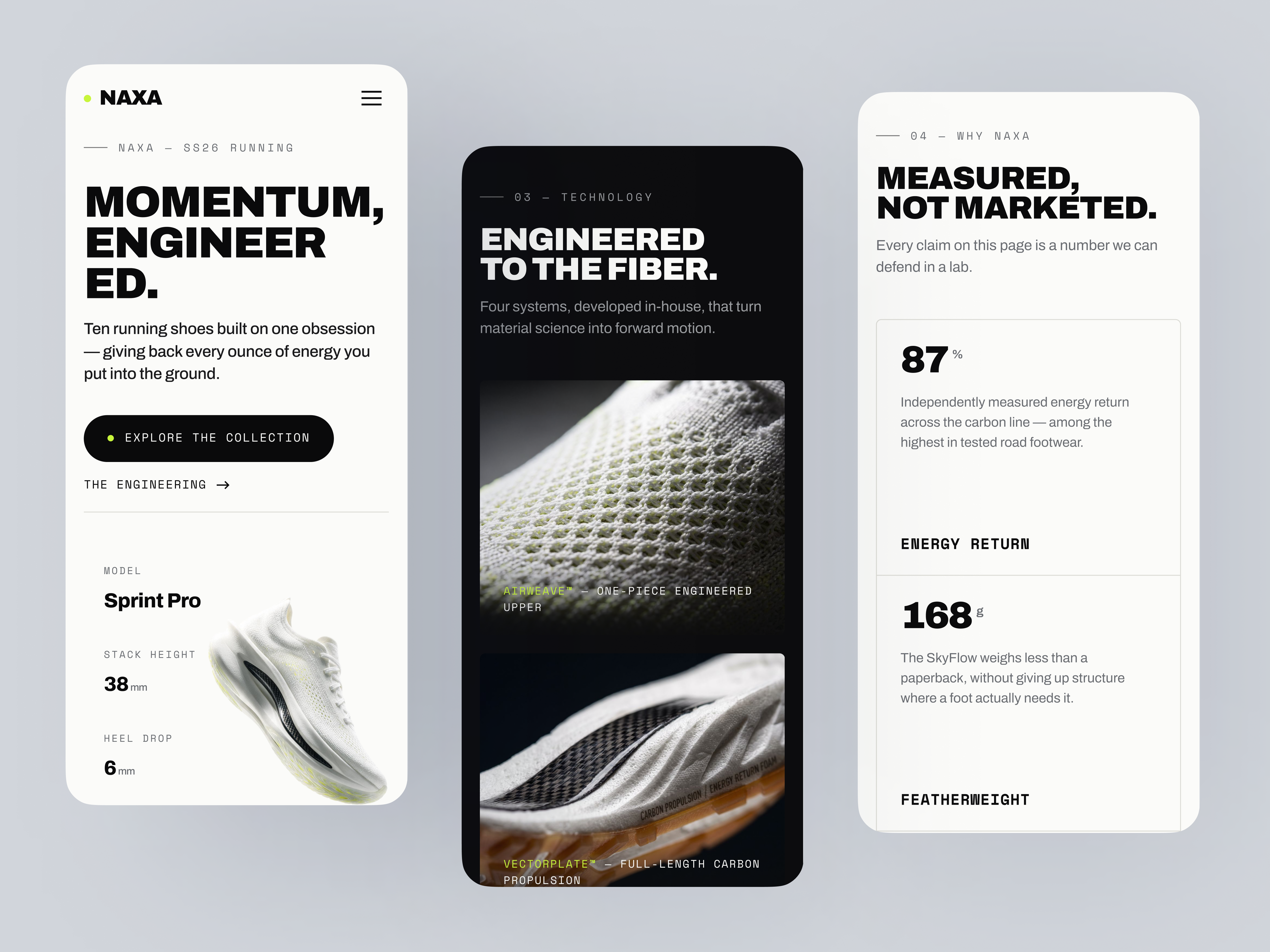 NAXA — Performance Running Mobile Landing Page branding design designinspiration ecommerce landingpage minimalisdesign responsive running shoes shoes store sport sportswear typograhy ui uidesign uiux ux uxdesign webdesigner websitemobile