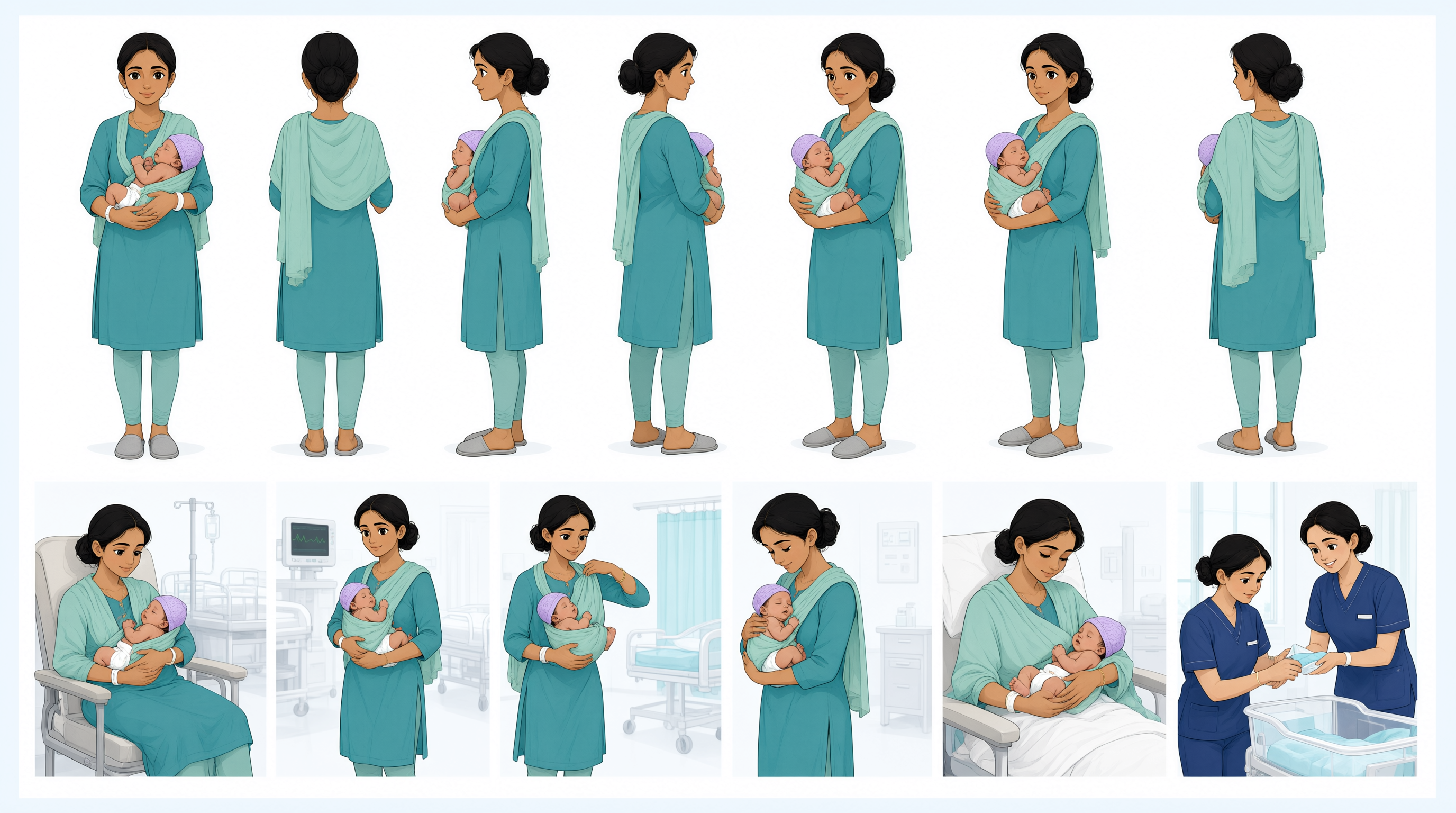 Kangaroo Mother Care (KMC) healthcare animation, Scene Sheet 2d illustration animation cartoon character character character art character concept character design character sheet concept art digital art expression sheet game art game character graphic design illustration mascot design model sheet stylized character turnaround visual development