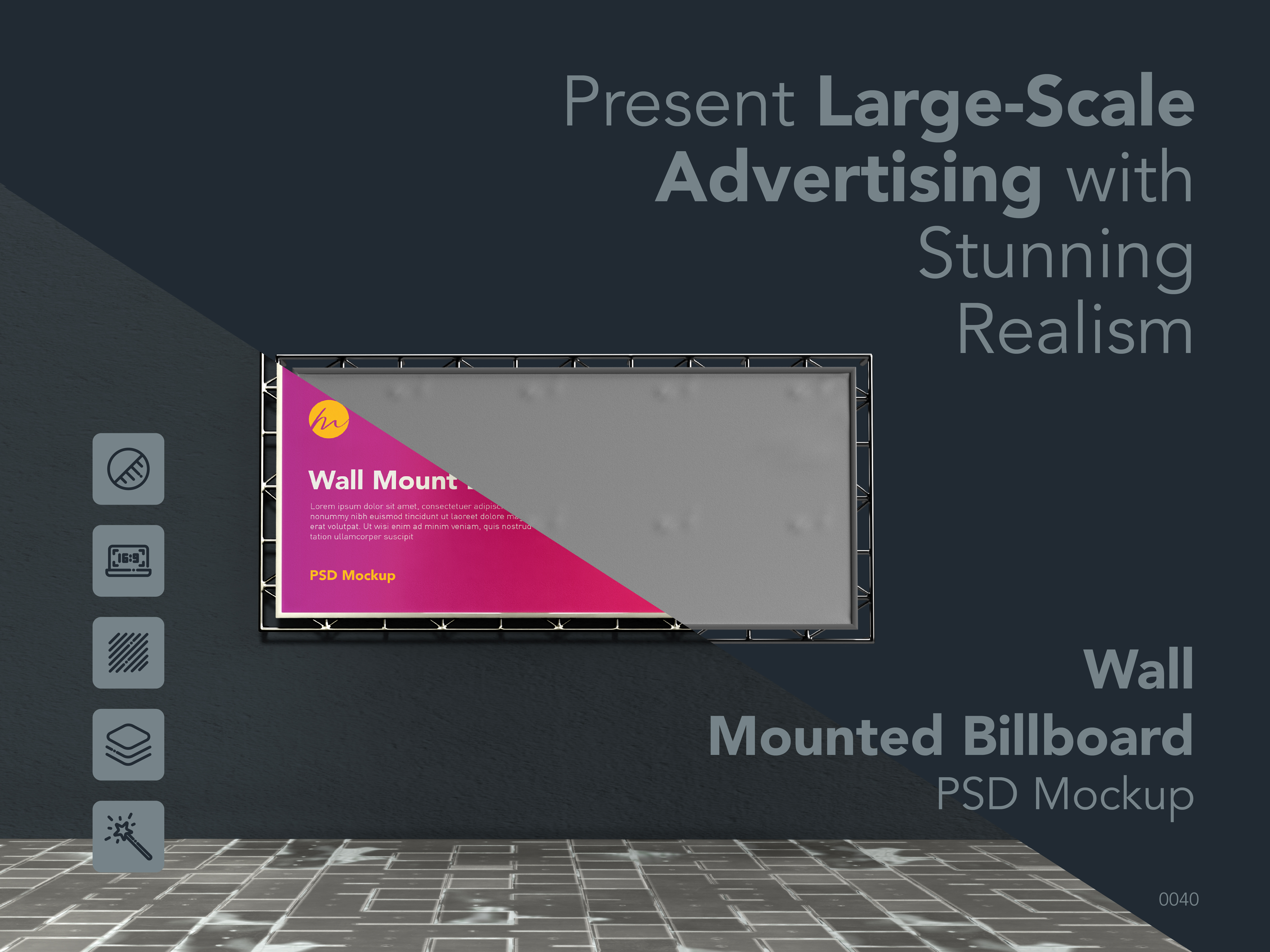 Wall Mounted Banner - PSD Mockup advertising board backdrop billboard billboard mockup framed billboard large format display mockup outdoor advertising outdoor promotion psd mockup signage mockup wall banner wall mount wall mount poster wall mounted billboard