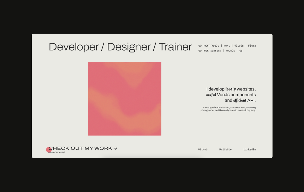 Personal portfolio - Home page abstract color developer displacement fraktur grid home javascript minimalism portfolio threejs typography ui vue displacement slideshow vuejs