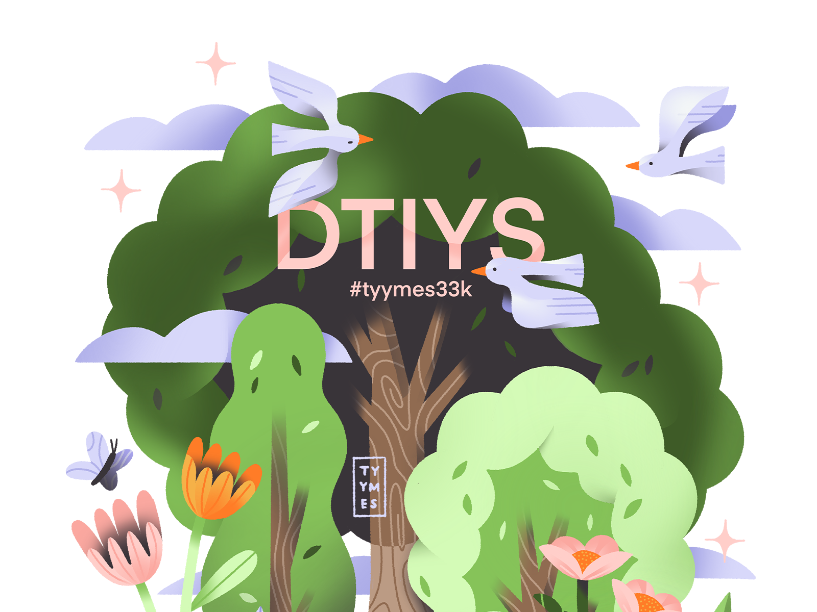 DTIYS #tyymes33k animals beautiful birds butterfly challenge colorful design digital dtiys flat style flowers forest fox illustration mobile nature procreate rabbit simple trees