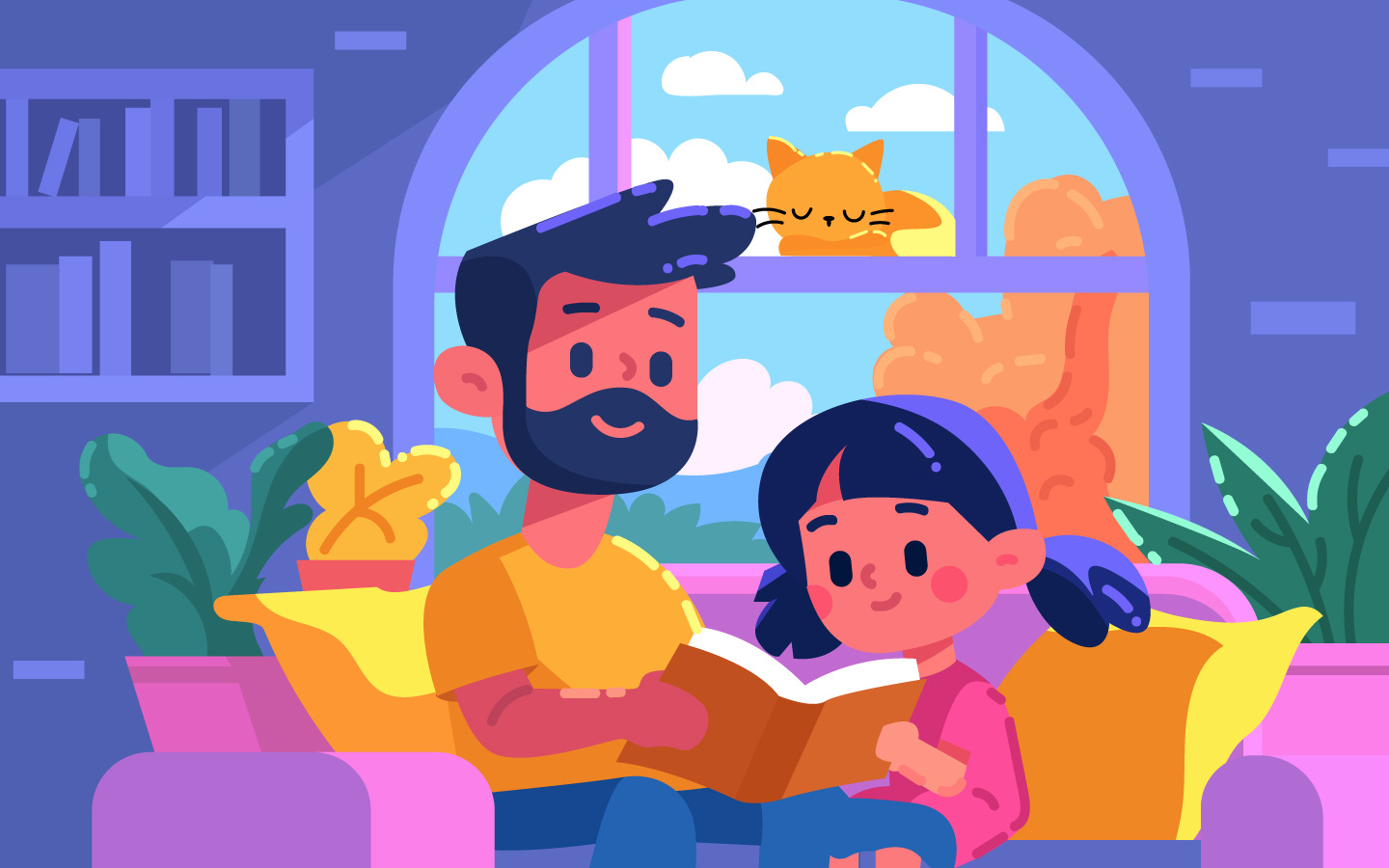 Parenthood Journey Illustration - Reading Time bonding books cat children cute daughter family father flat illustration graphic design illustration love parent parenthood parenting app reading story todler tolder weekend